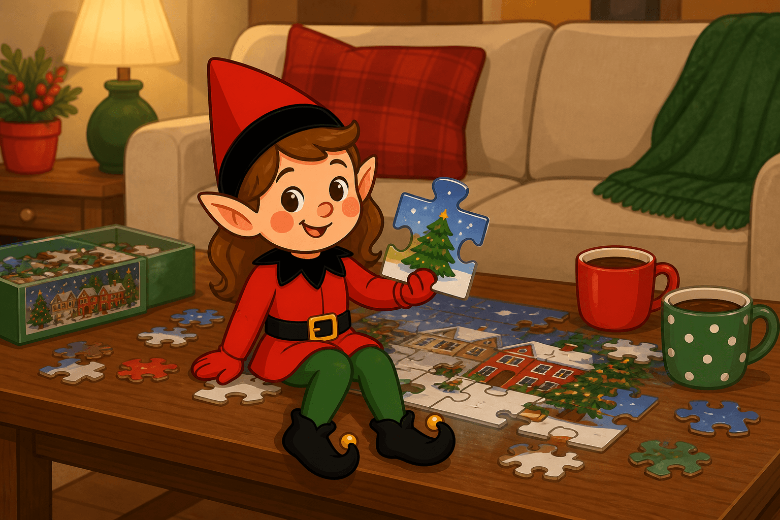 A cartoon holiday elf scene for Puzzle Palace: Piece by Piece.