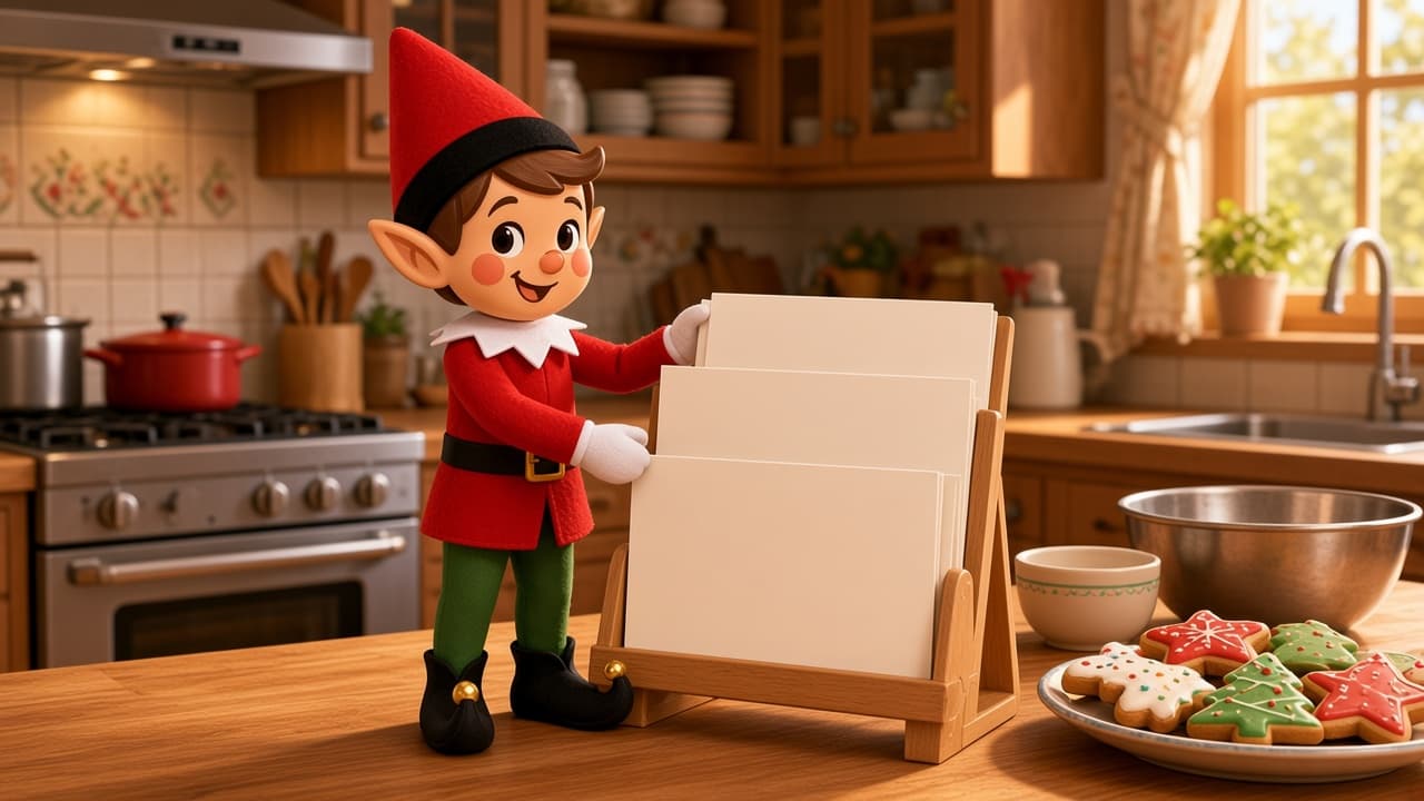 A cartoon holiday elf scene for Recipe Card Stand: Cold-Counter Chef.