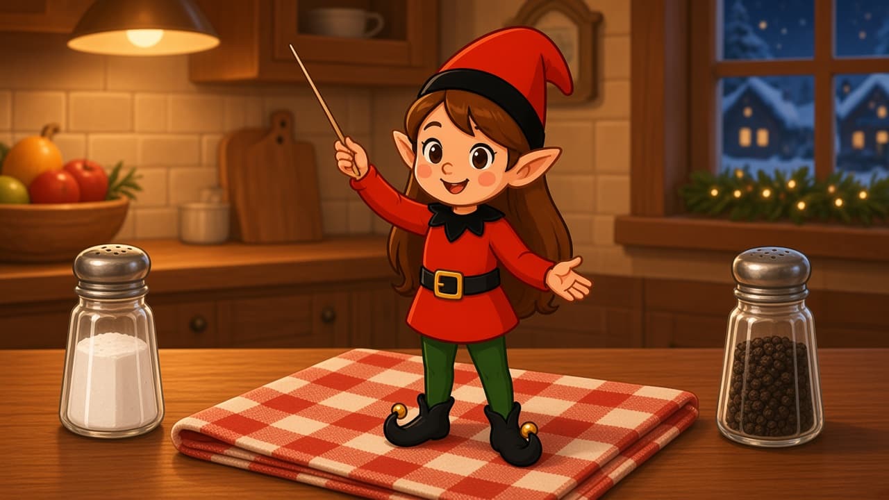 A cartoon holiday elf scene for Salt and Pepper Wedding: Tiny Ceremony.