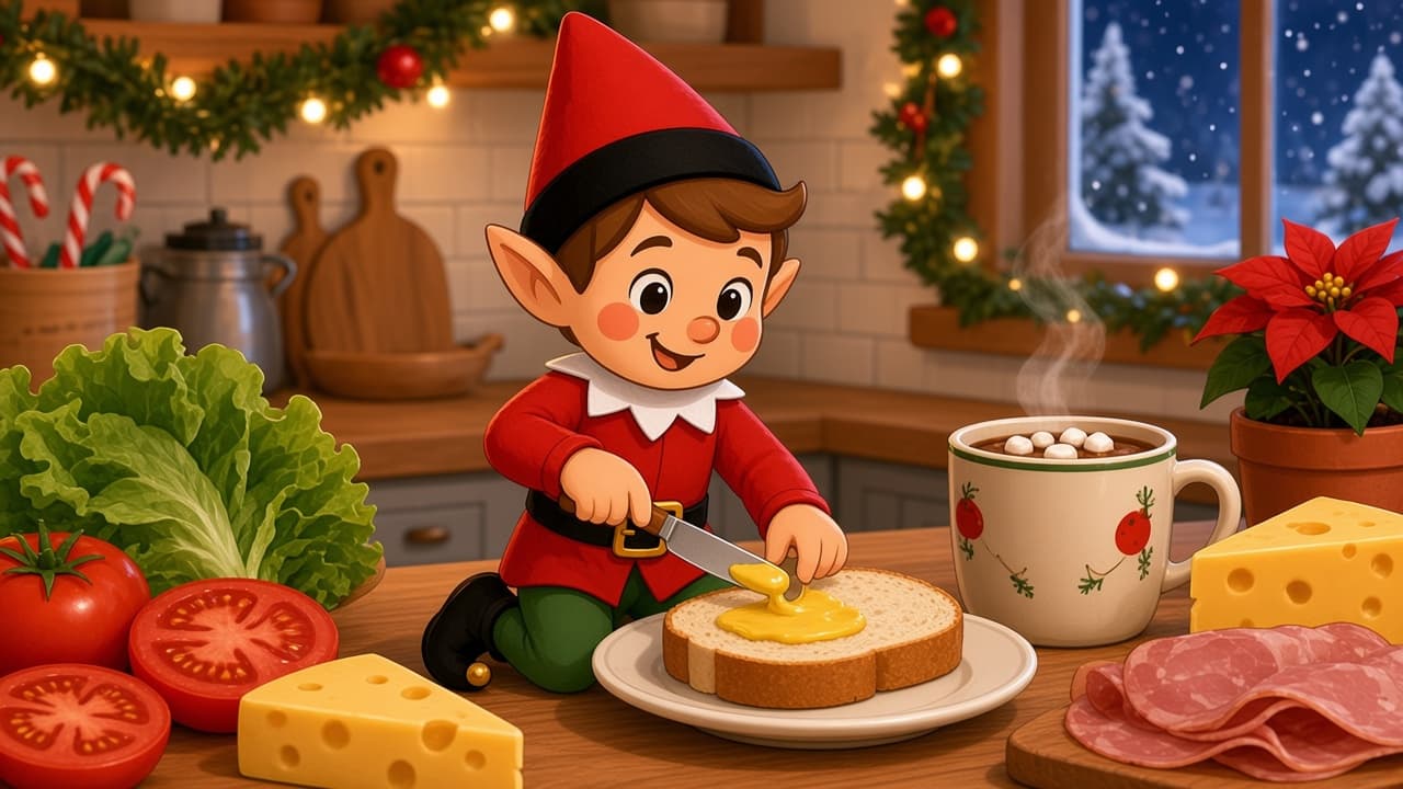 A cartoon holiday elf scene for Sandwich Shop Counter: Deli Clerk.