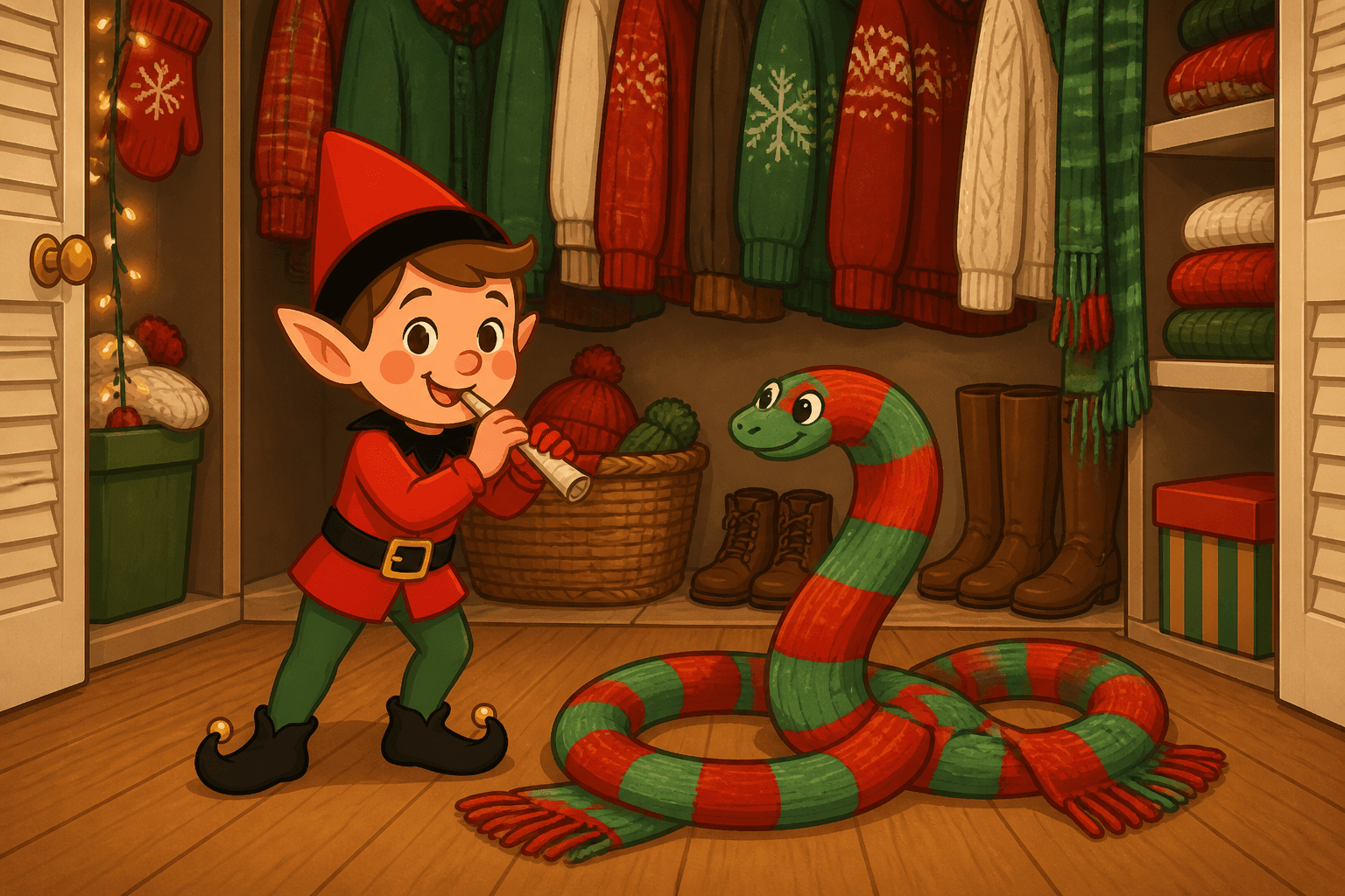 A cartoon holiday elf scene for Scarf Snake Charmer: Cozy Closet Trick.
