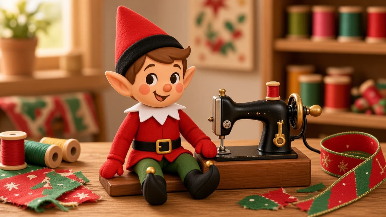 A cartoon holiday elf scene for Sewing Machine Tailor: Midnight Hem Shift.
