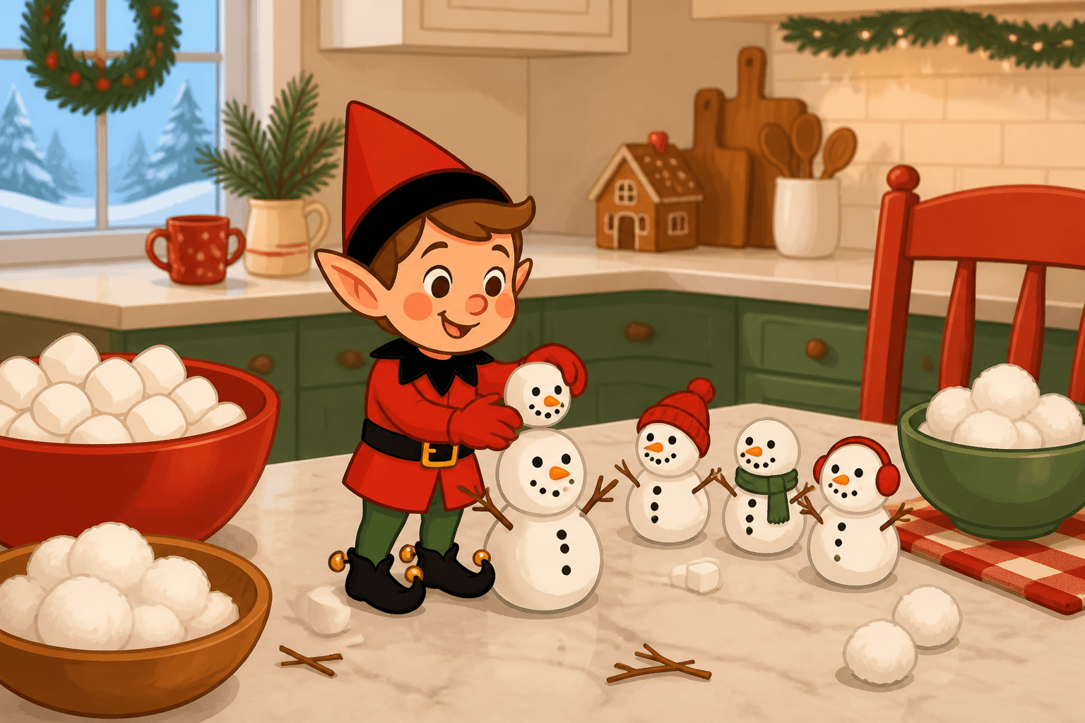 A cartoon holiday elf scene for Snowman Squad: Frosty Friends.