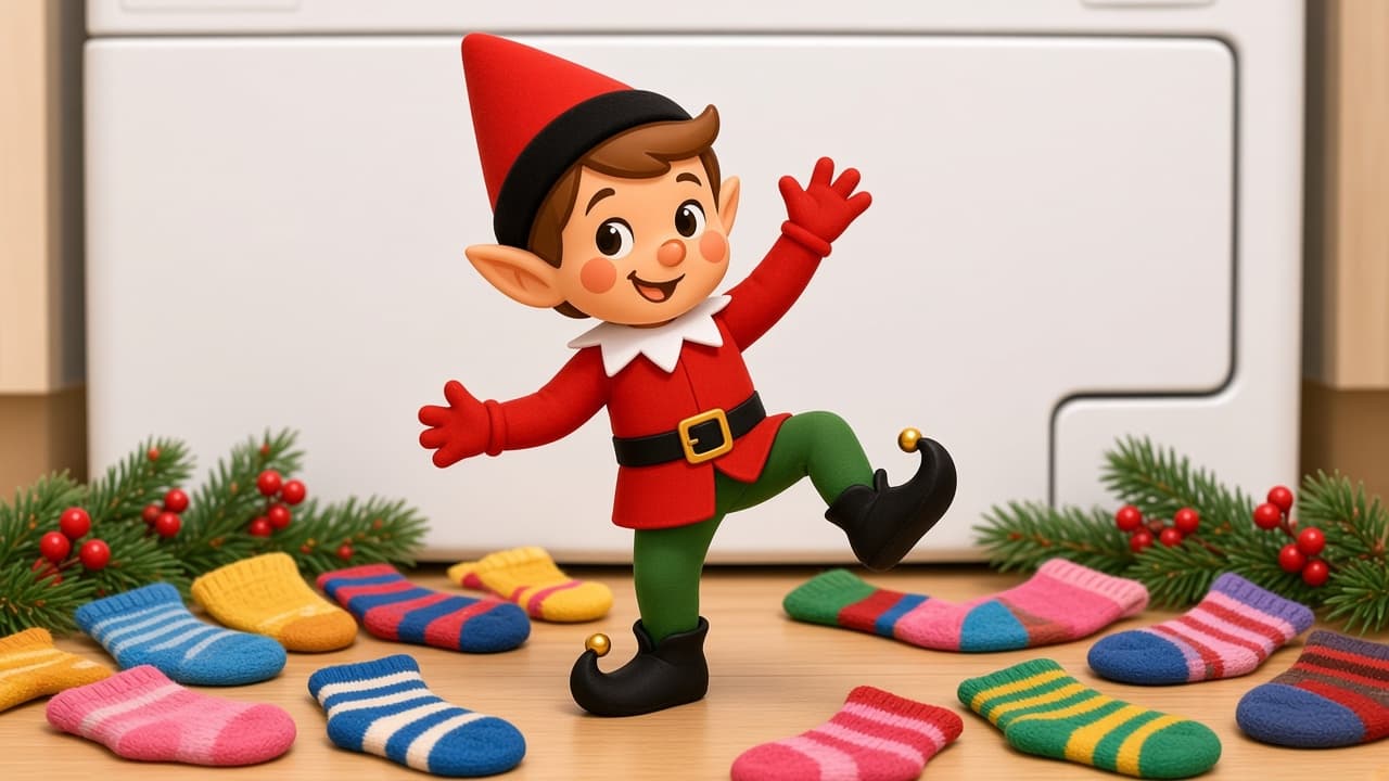A cartoon holiday elf scene for Sock Hop: Laundry Line Dance.