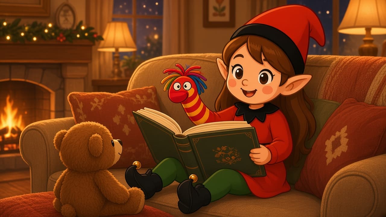 A cartoon holiday elf scene for Sock Puppet Premiere: Couch Theater.