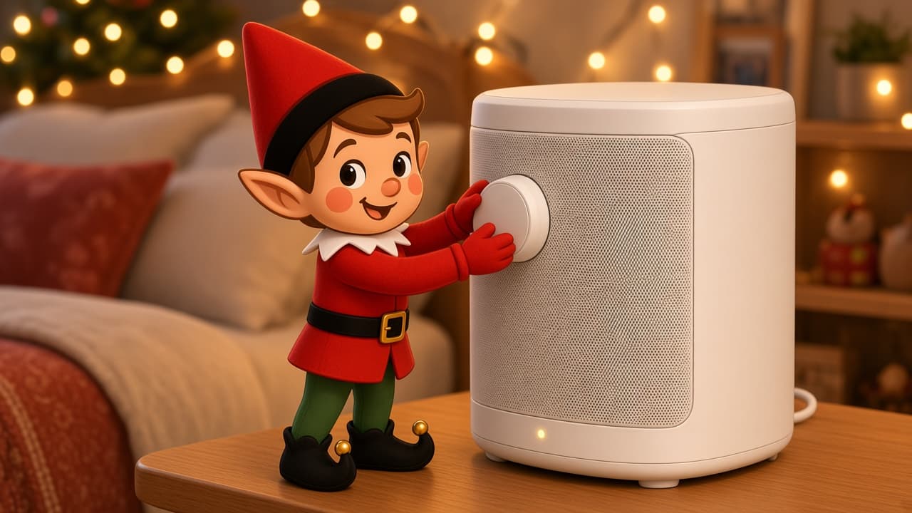 A cartoon holiday elf scene for Sound Machine Knob: Tiny Radio DJ.