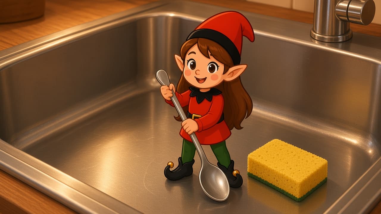 A cartoon holiday elf scene for Sponge Harbor: Dry Sink Dock.