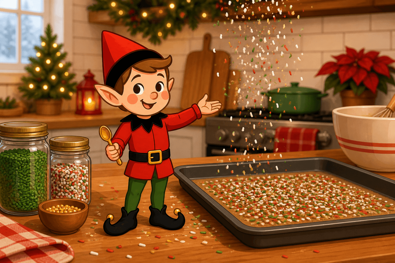 A cartoon holiday elf scene for Sprinkle Snowstorm: Baking Counter Blizzard.