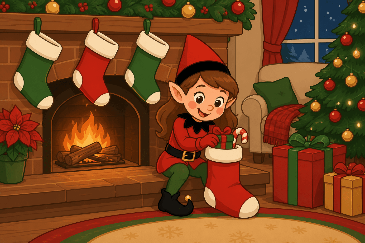 A cartoon holiday elf scene for Stocking Stuffer: The Great Fill-Up.
