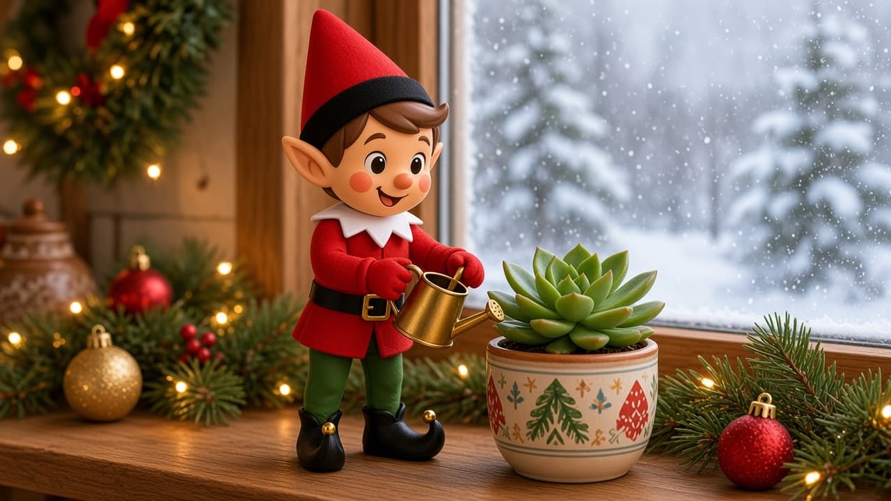 A cartoon holiday elf scene for Succulent Sip Shift: Indoor Watering Round.