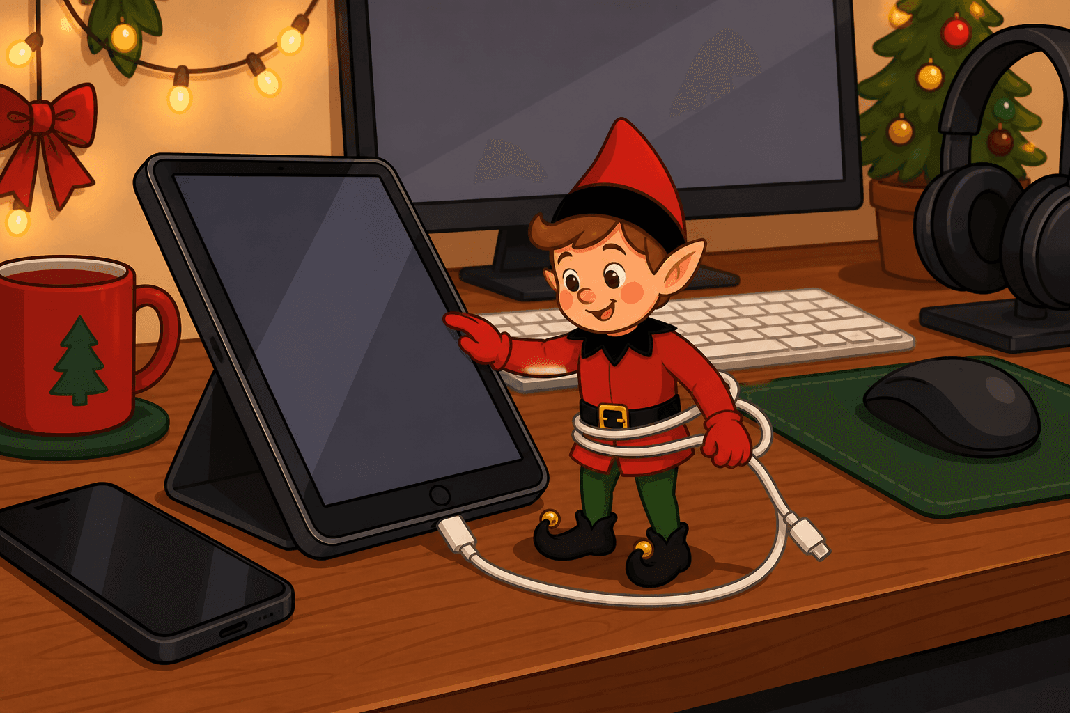 A cartoon holiday elf scene for Tech Trouble: Digital Dilemma.