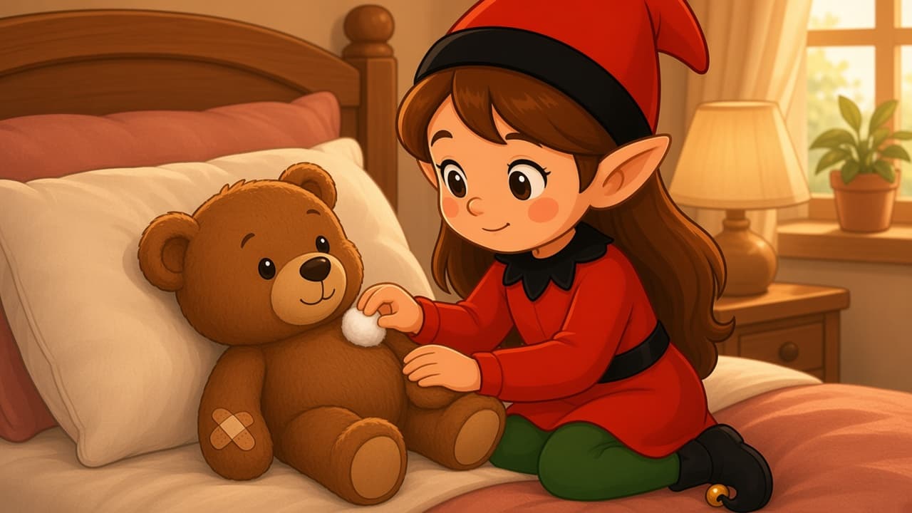 A cartoon holiday elf scene for Teddy Bear Clinic: Bedroom Checkup.