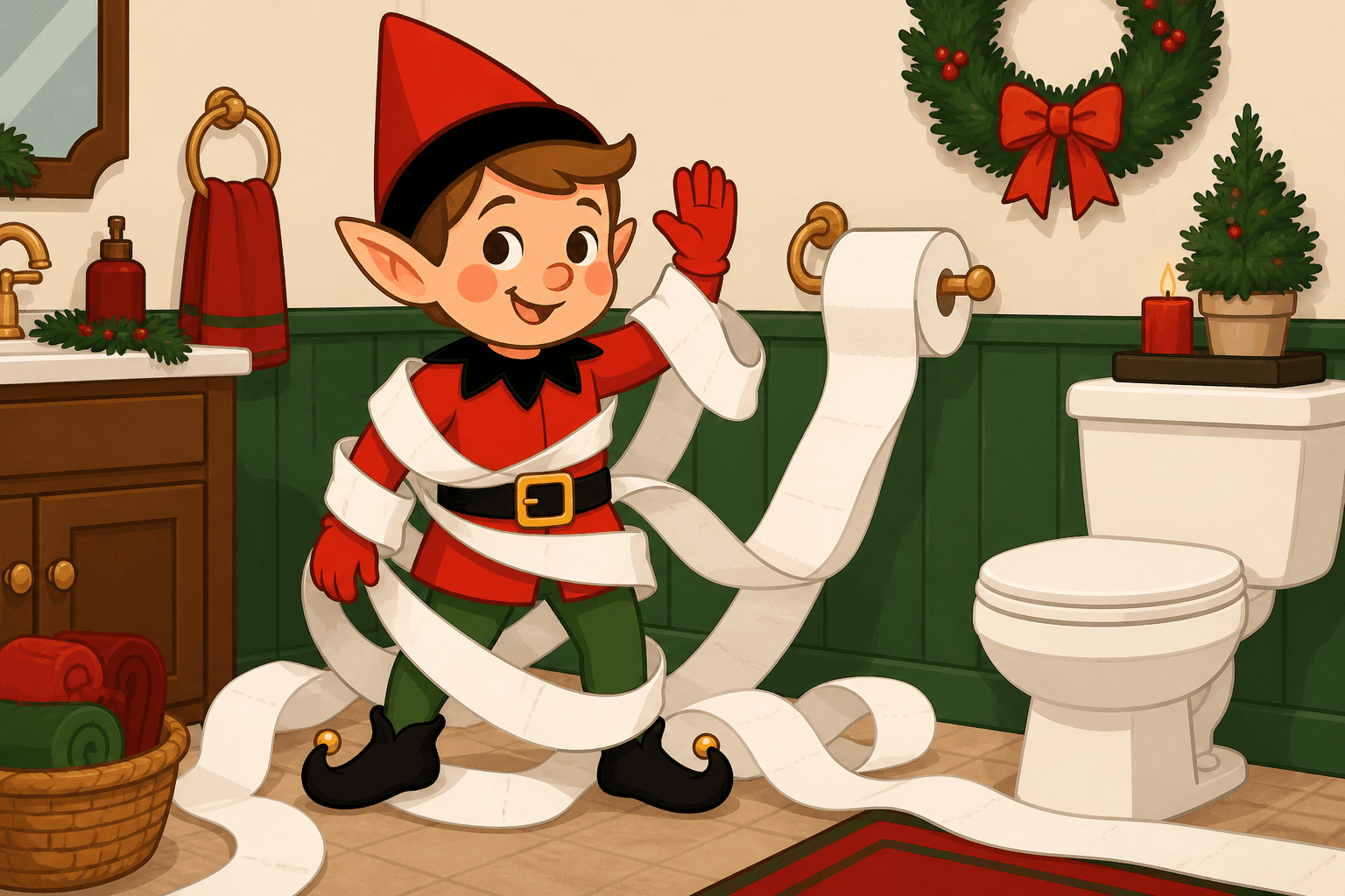 A cartoon holiday elf scene for Toilet Paper Trouble: The Great Unroll.
