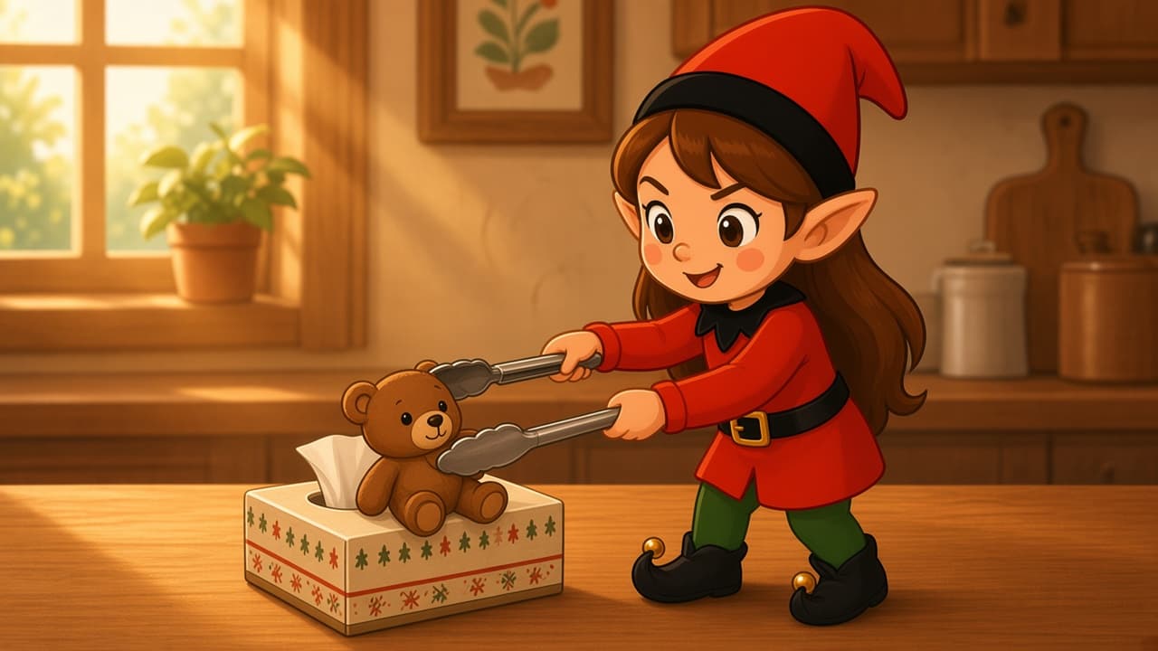 A cartoon holiday elf scene for Tongs Teddy Rescue: Tissue Box Cliff.