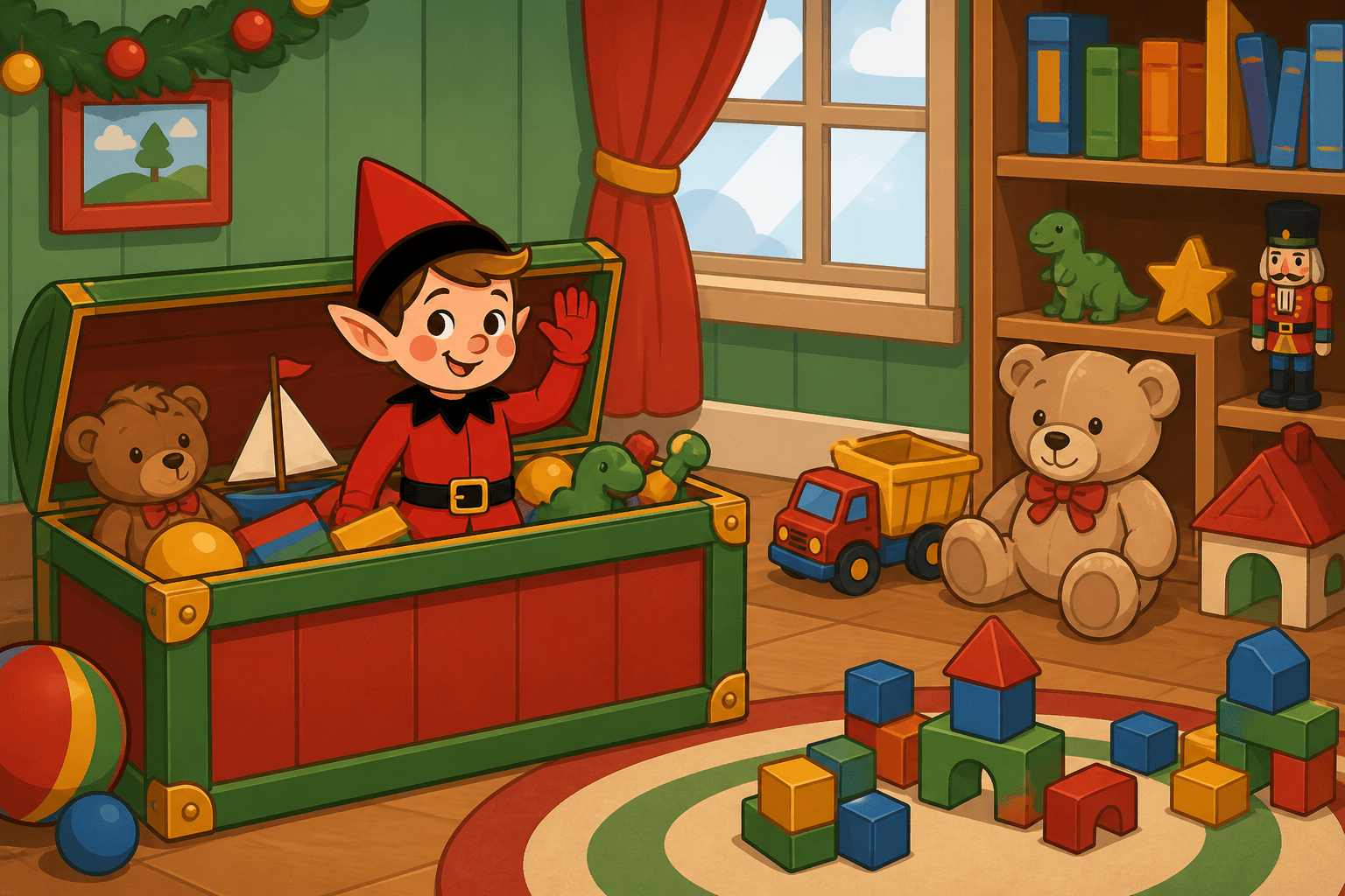 A cartoon holiday elf scene for Toy Box Takeover: Playtime Paradise.