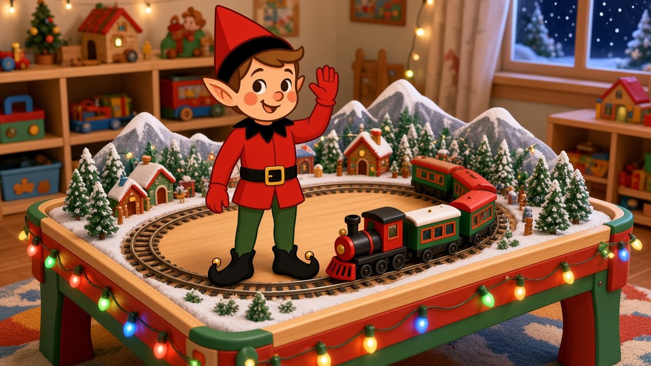 A cartoon holiday elf scene for Train Table Conductor: One-Engine Railroad.
