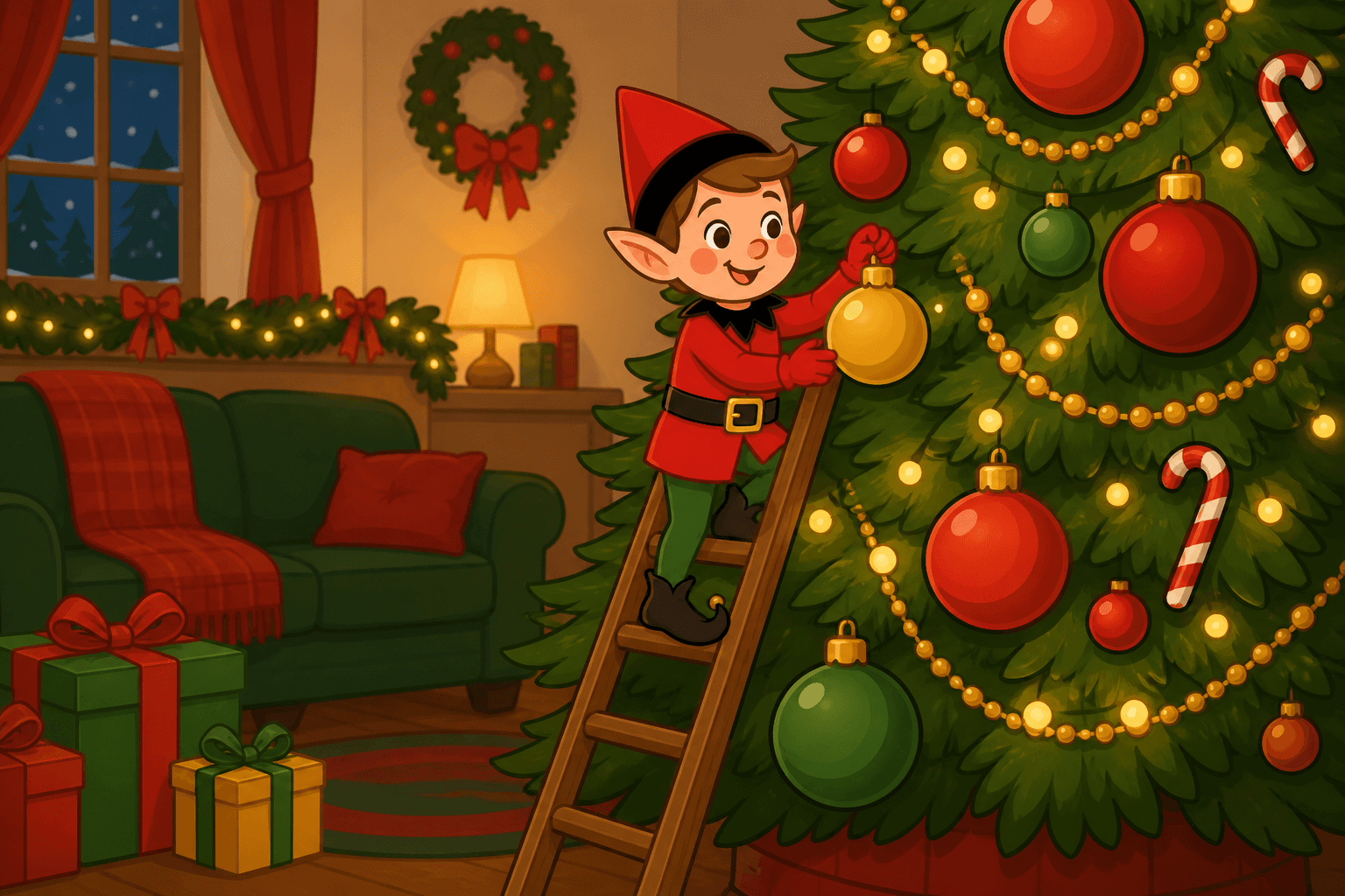 A cartoon holiday elf scene for Tree Top Trouble: Ornament Outrage.