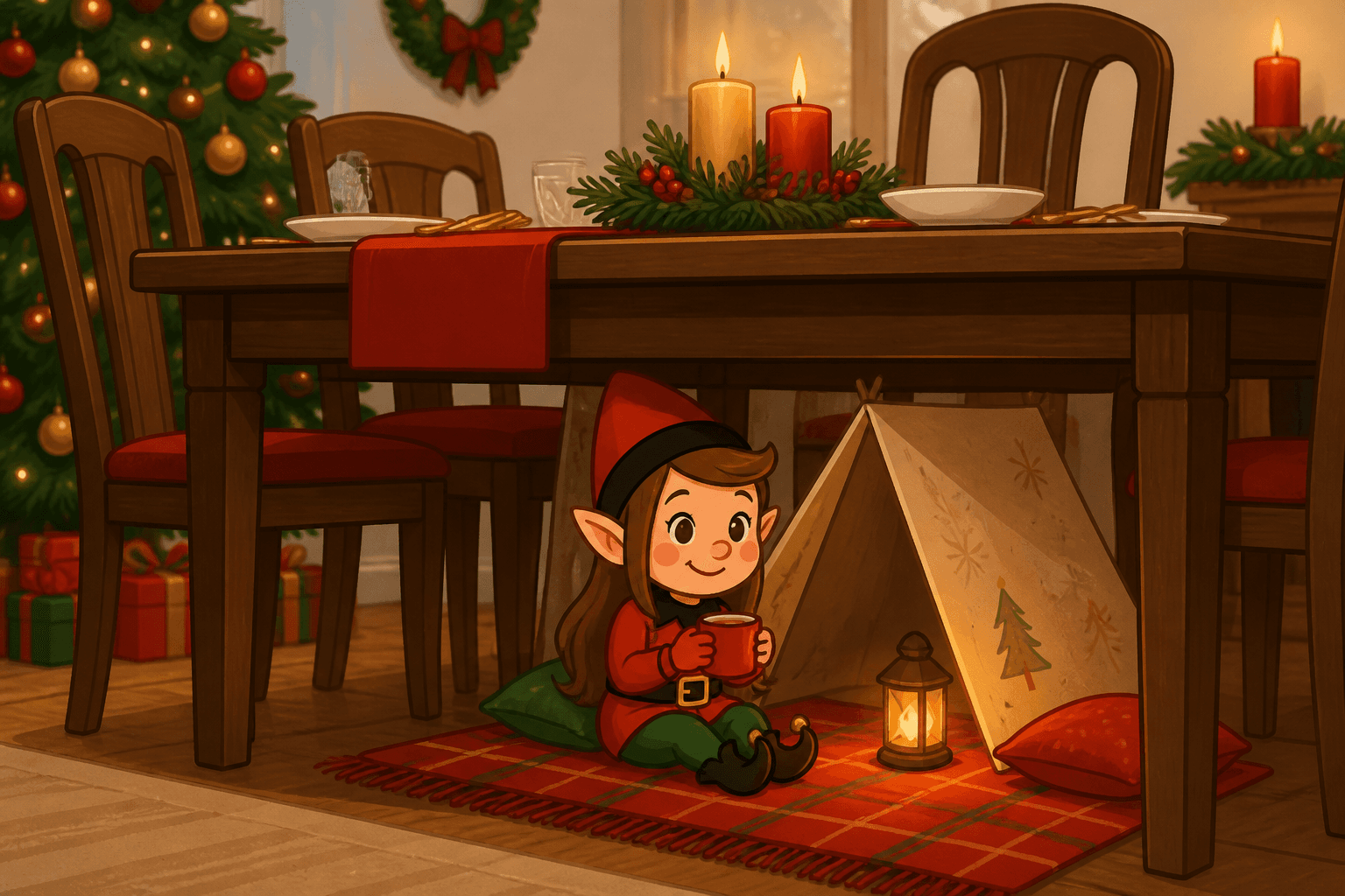 A cartoon holiday elf scene for Under-Table Campout: Breakfast Fort.