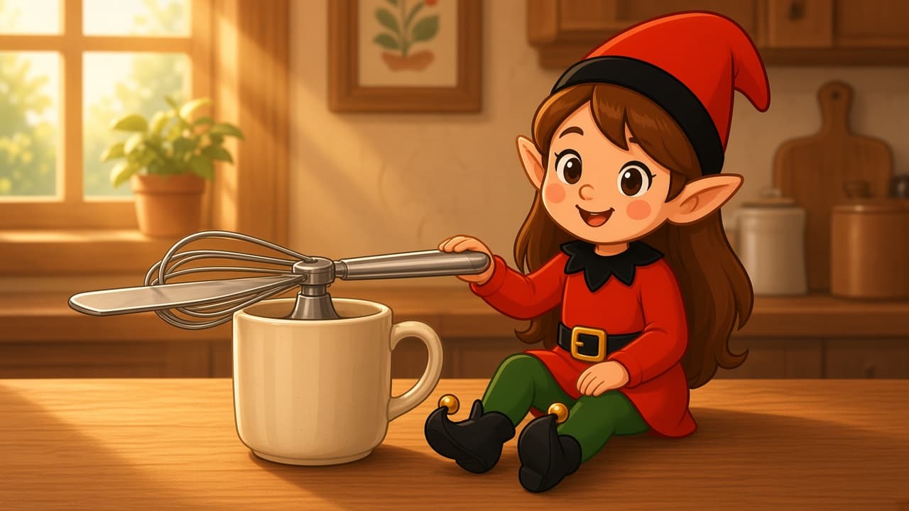 A cartoon holiday elf scene for Whisk Helicopter: Mug Helipad.