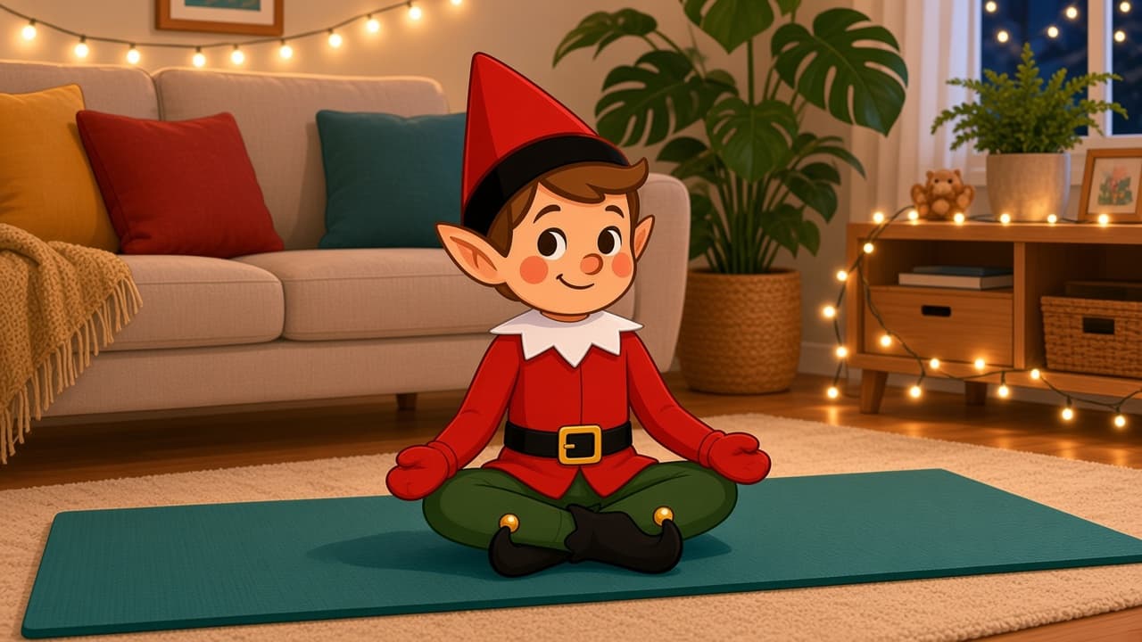A cartoon holiday elf scene for Yoga Master: Zen Zone.