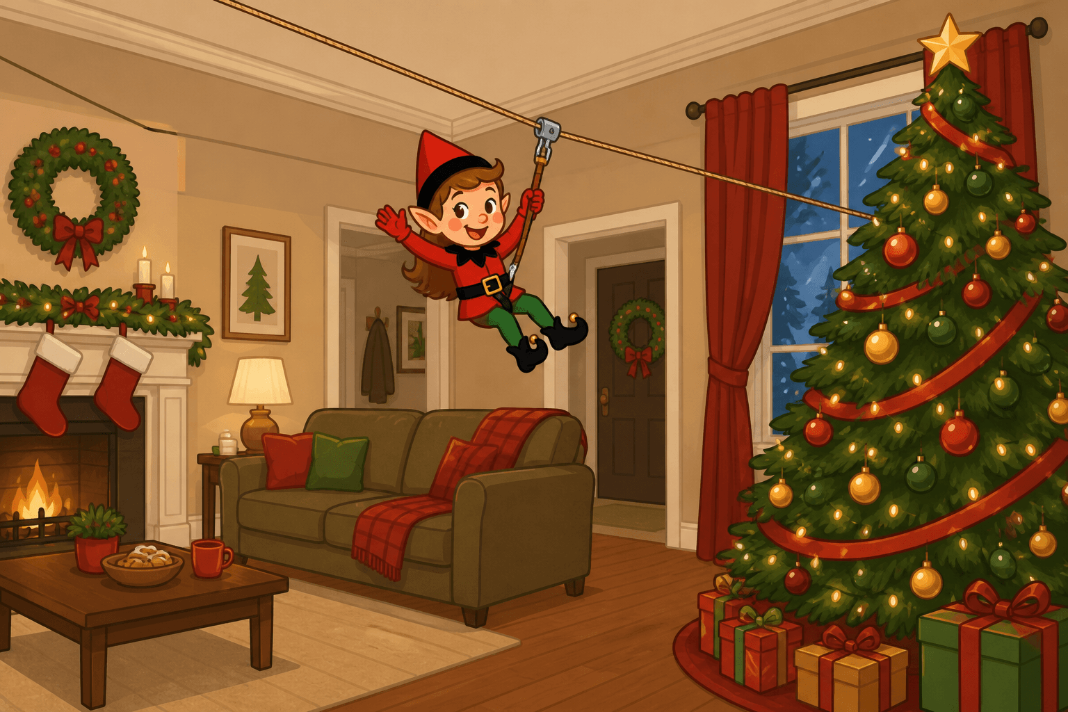 A cartoon holiday elf scene for Zip-Line Zoom: High-Flying Adventure.