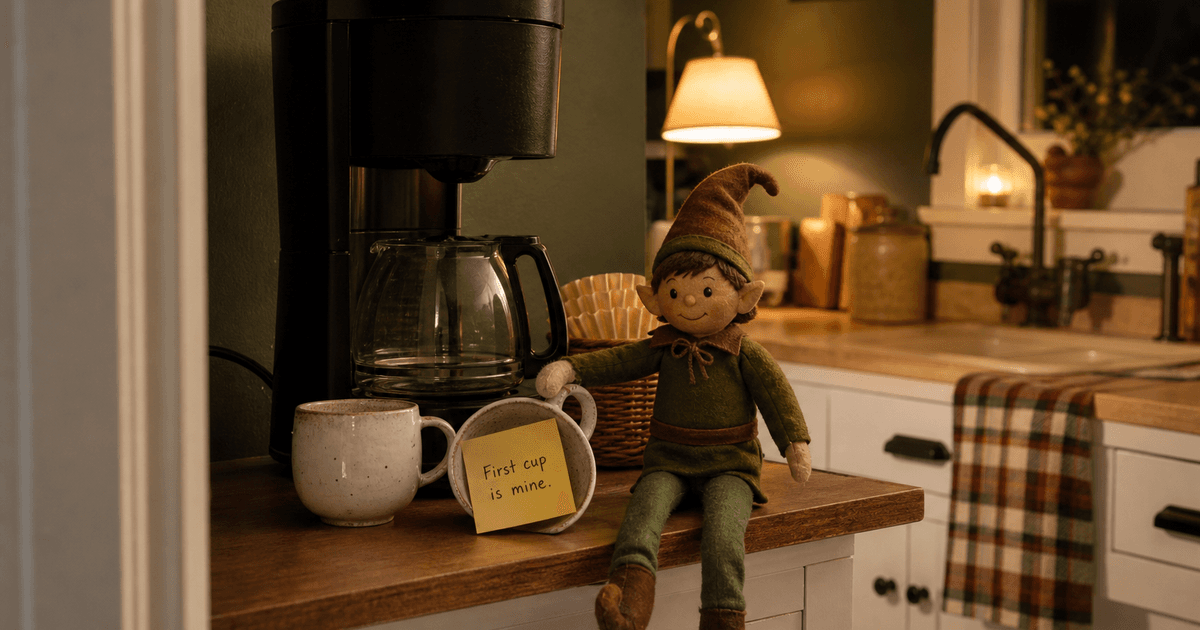 A cartoon holiday elf scene for Coffee Counter Caper: Morning Barista.
