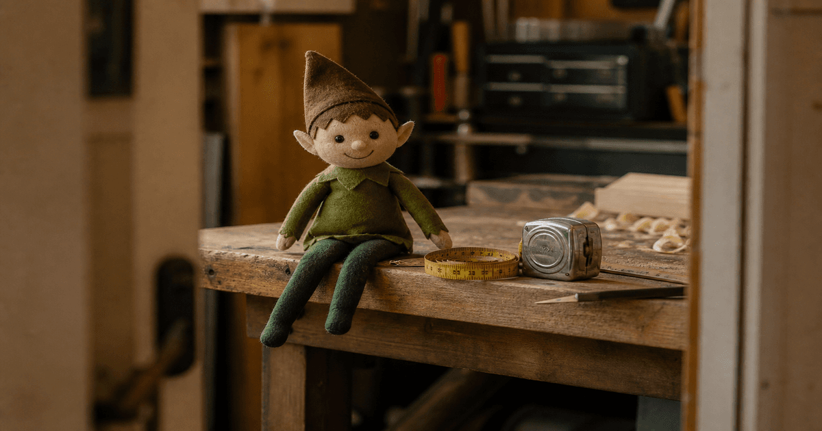 A small cartoon holiday elf sits on a workbench beside a measuring tape, pencil, and note.