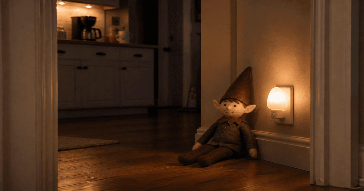 A small cartoon holiday elf sits safely on a low hallway shelf beside a glowing night light.