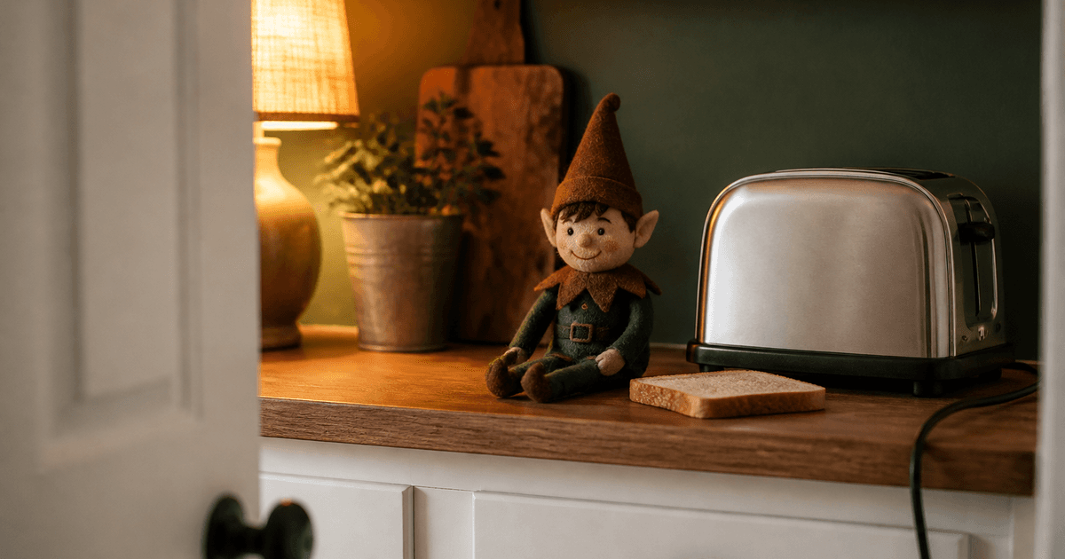 A cartoon holiday elf scene for Toaster Traffic Jam: Bread Line.