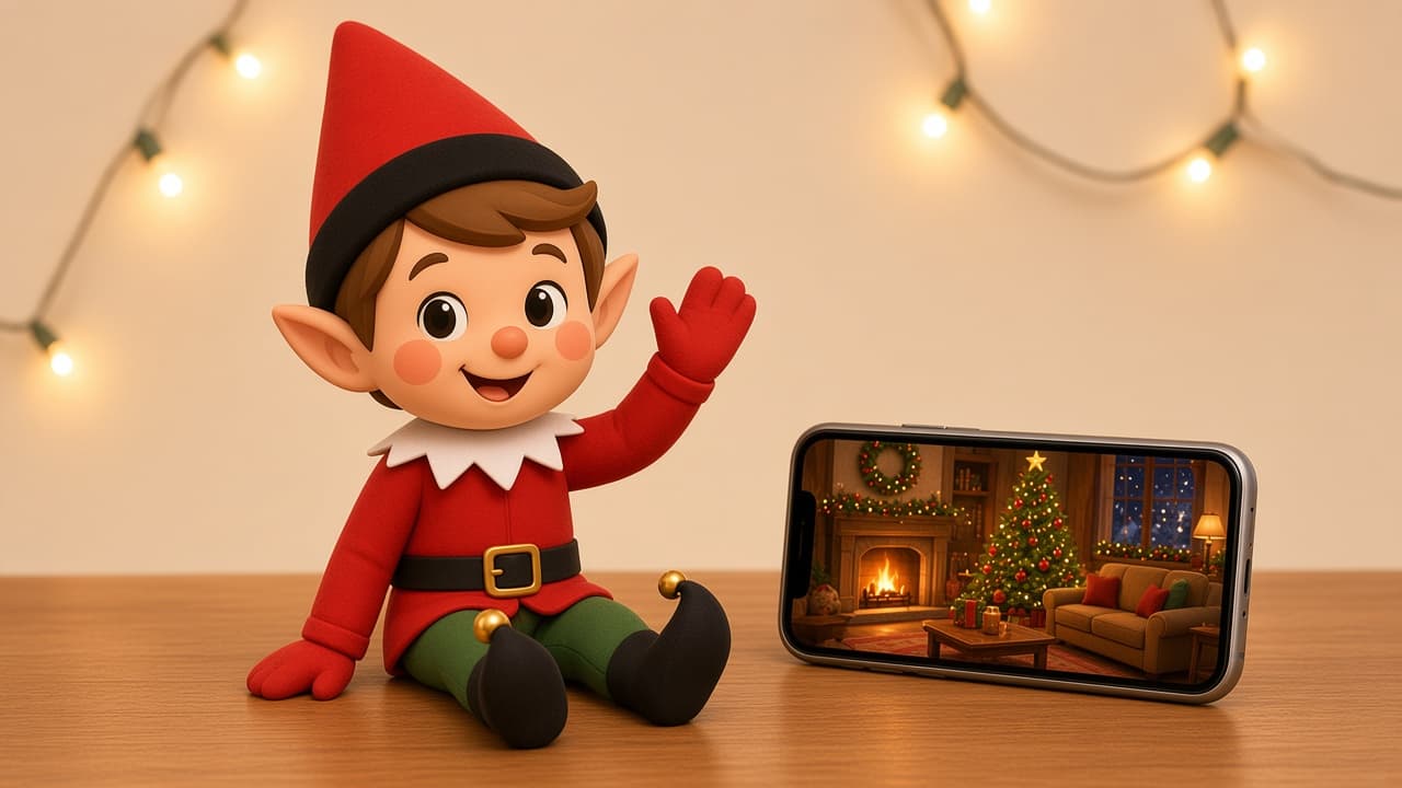 A cartoon holiday elf sitting next to a phone showing a living room photo.