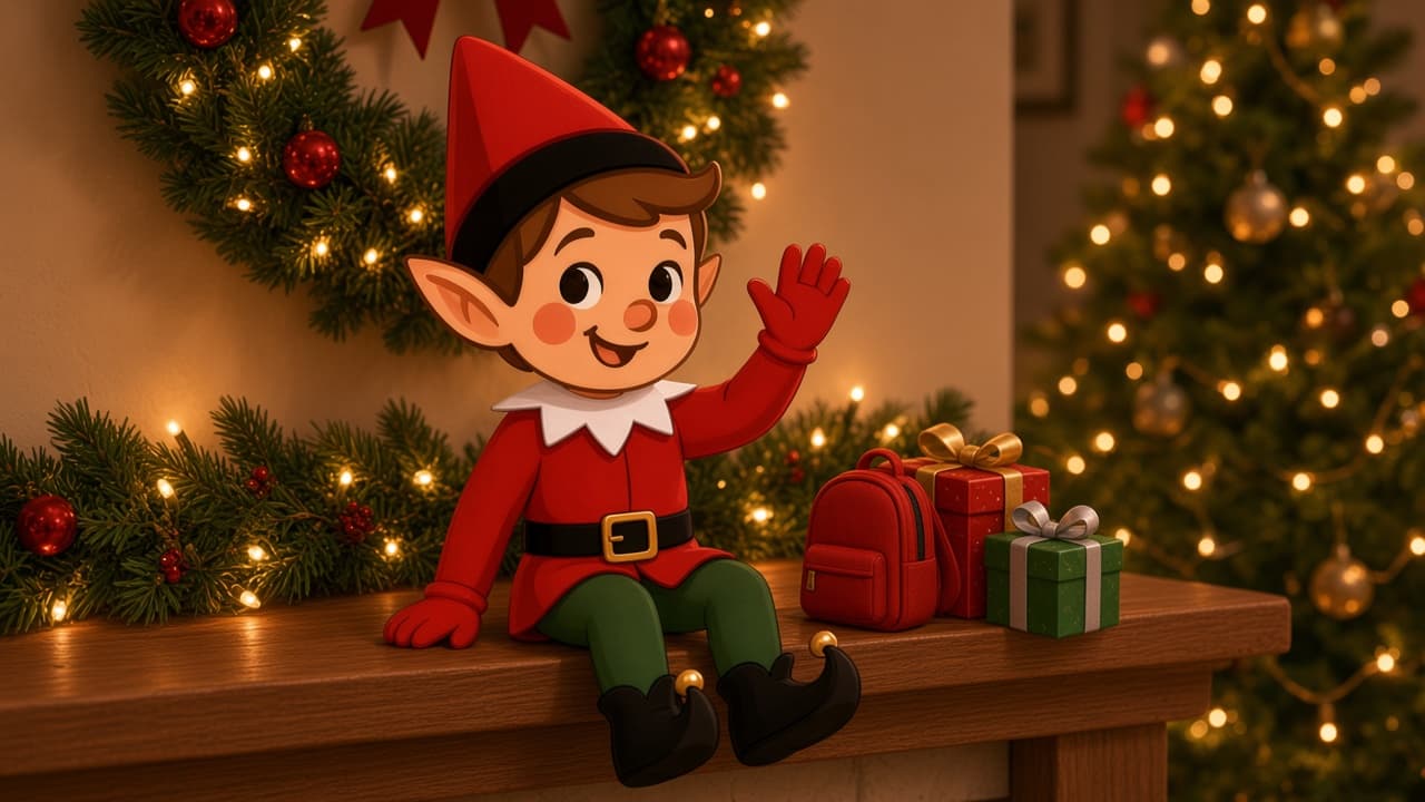 A cartoon holiday elf sitting on a living-room mantel with a tiny suitcase and a gift.