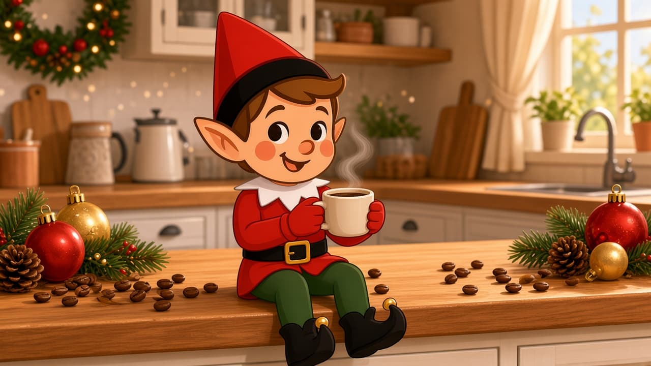 A cartoon holiday elf sitting on a kitchen counter holding a tiny mug.