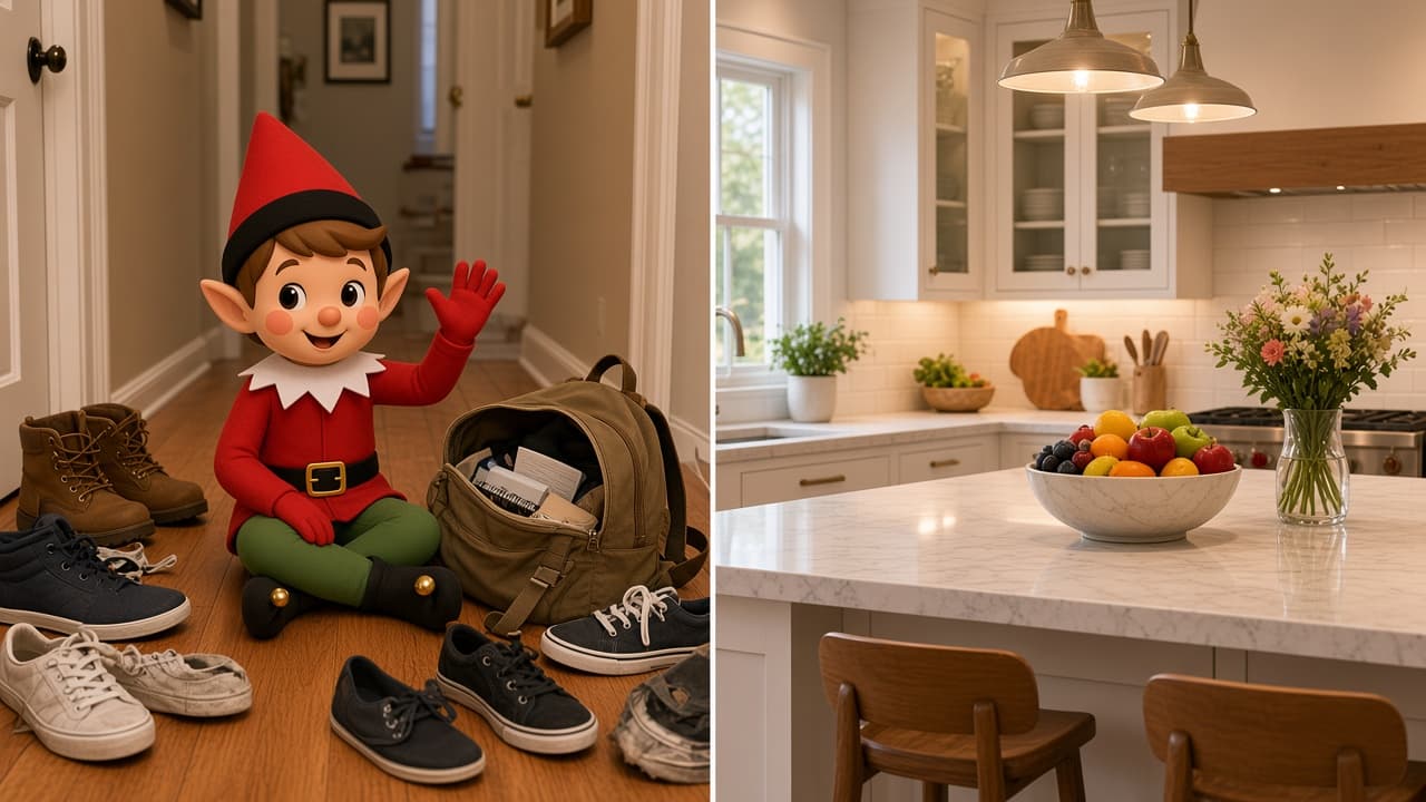 A cartoon holiday elf sitting in a real hallway next to shoes, not a staged kitchen.