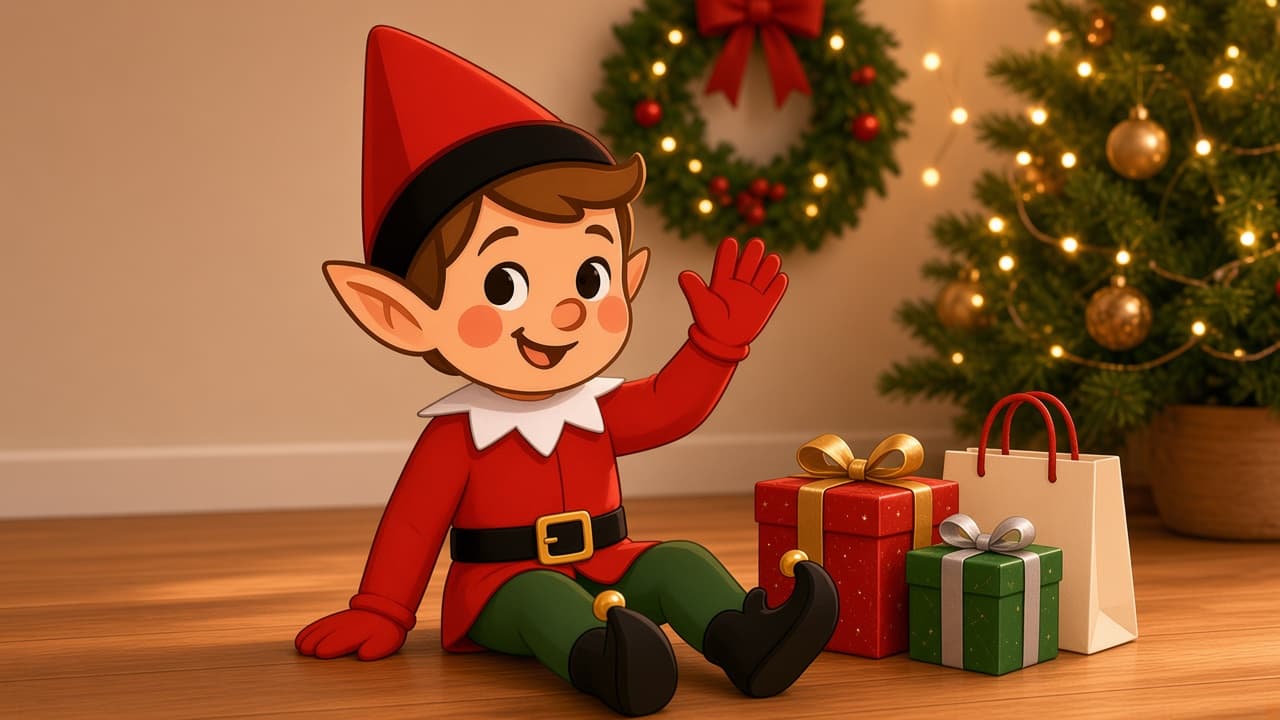 A cartoon holiday elf sitting beside two tiny wrapped gifts.