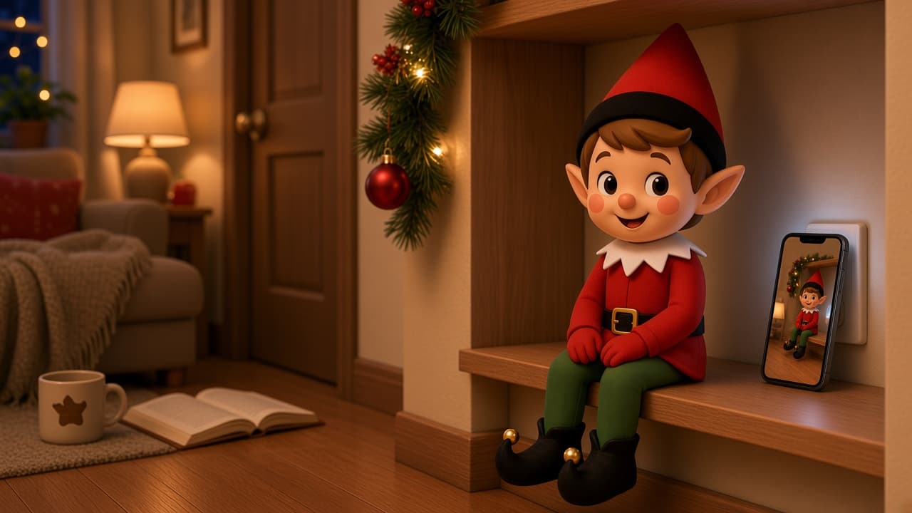 A cartoon holiday elf sitting on a living-room shelf beside a phone.