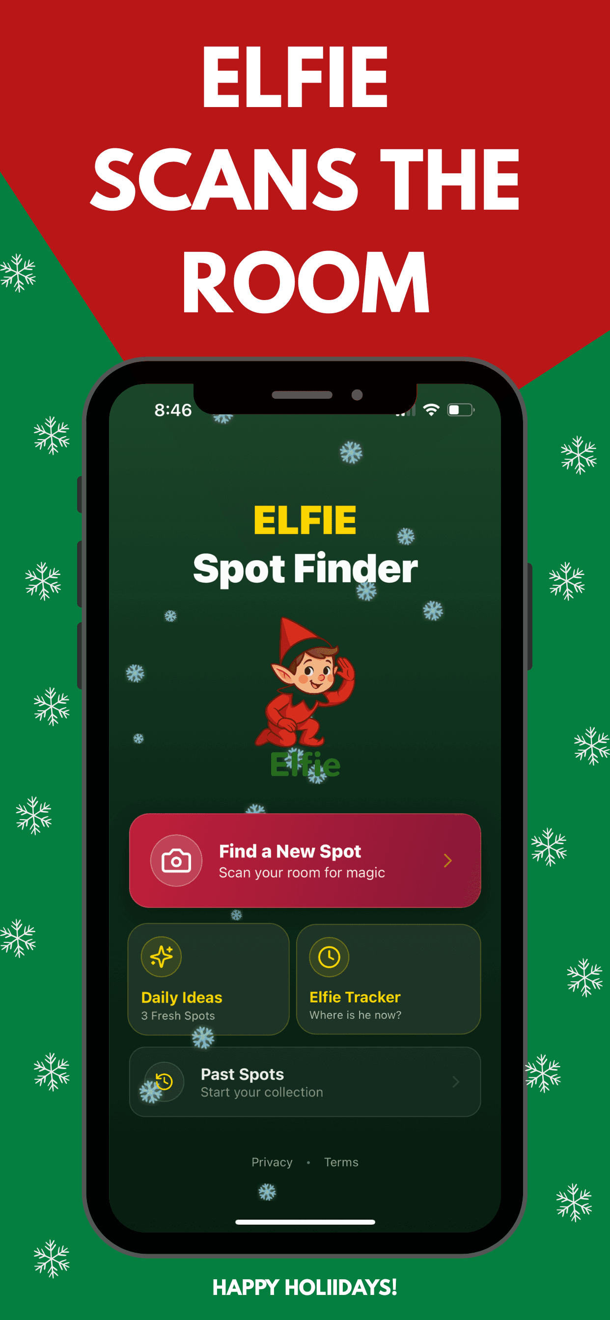 Elfie Spot Finder home screen with a Find a New Spot button labeled Scan your room for magic, plus Daily Ideas, Elfie Tracker, and Past Spots.