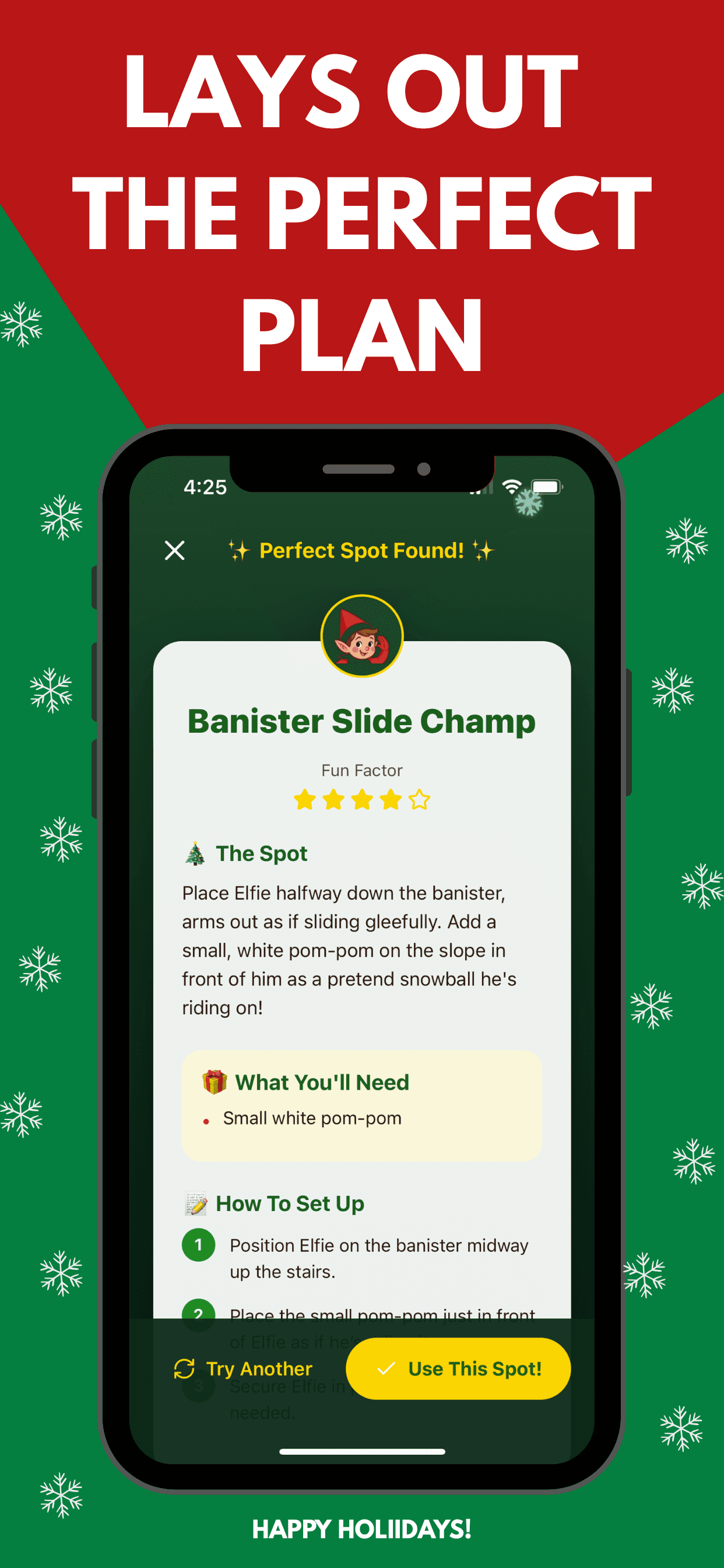 Elfie Spot Finder result screen titled Perfect Spot Found, showing a Banister Slide Champ idea with The Spot, What You'll Need, How To Set Up, and a Use This Spot button.