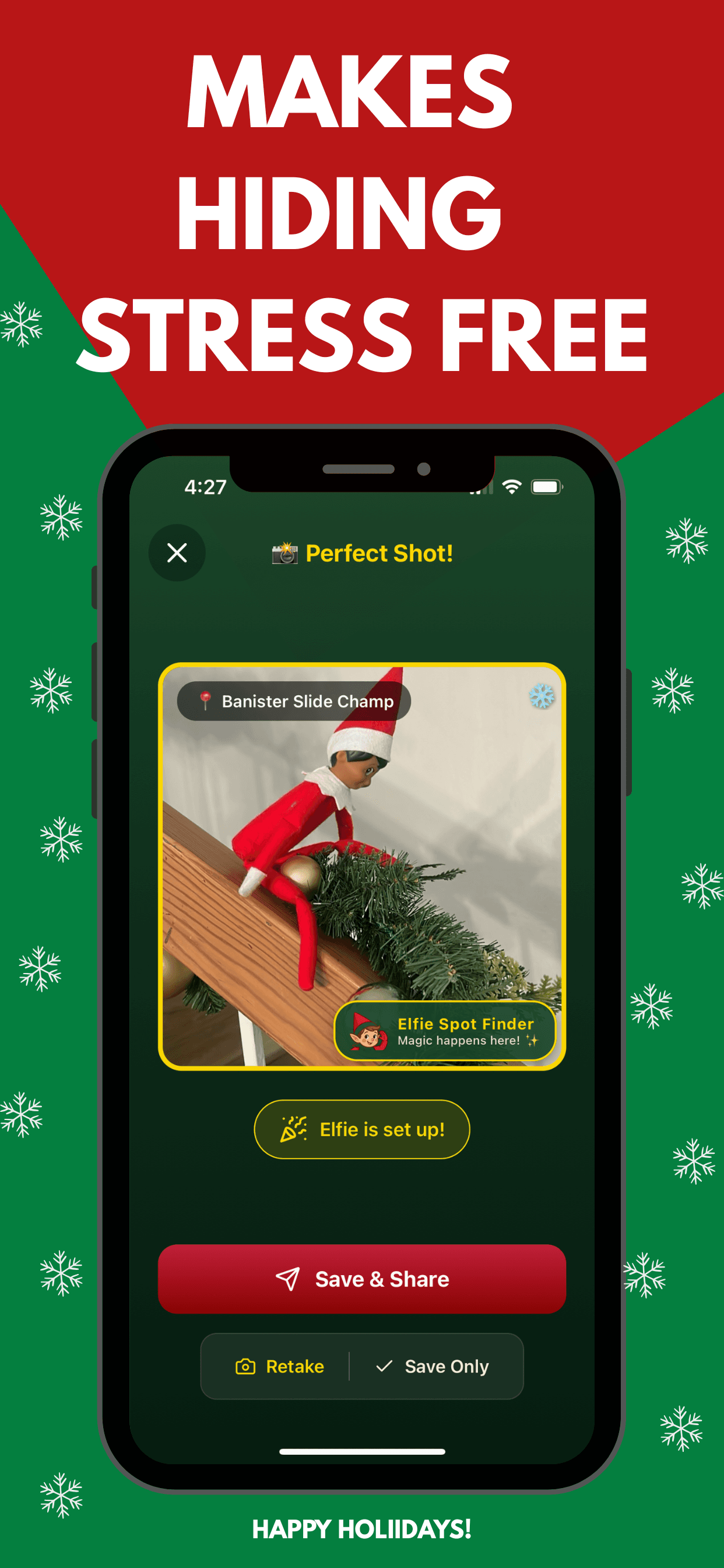 Elfie Spot Finder photo screen labeled Perfect Shot, with the placed elf on a banister tagged Banister Slide Champ and Save and Share, Retake, and Save Only buttons.