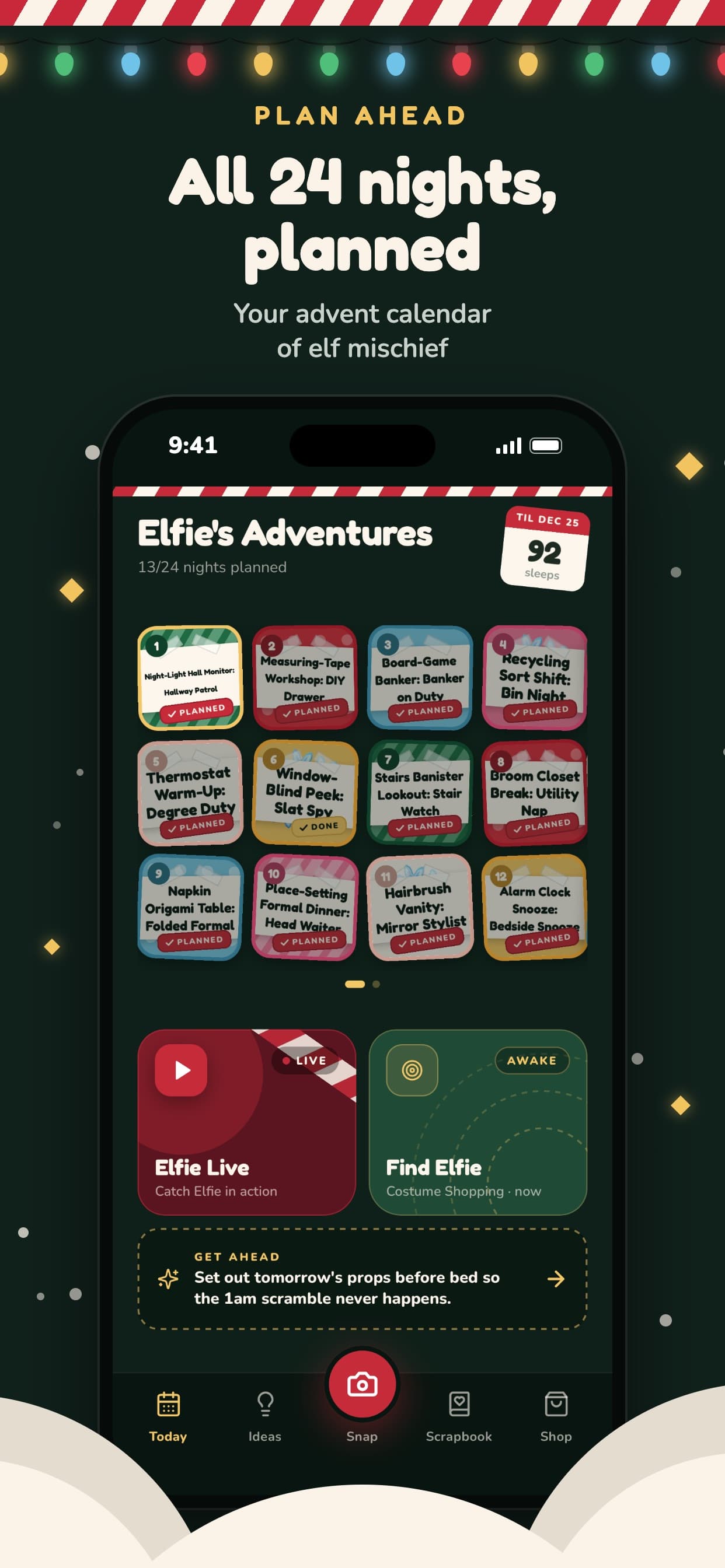 Elfie Spot Finder night grid, with a hiding spot planned on each open day.