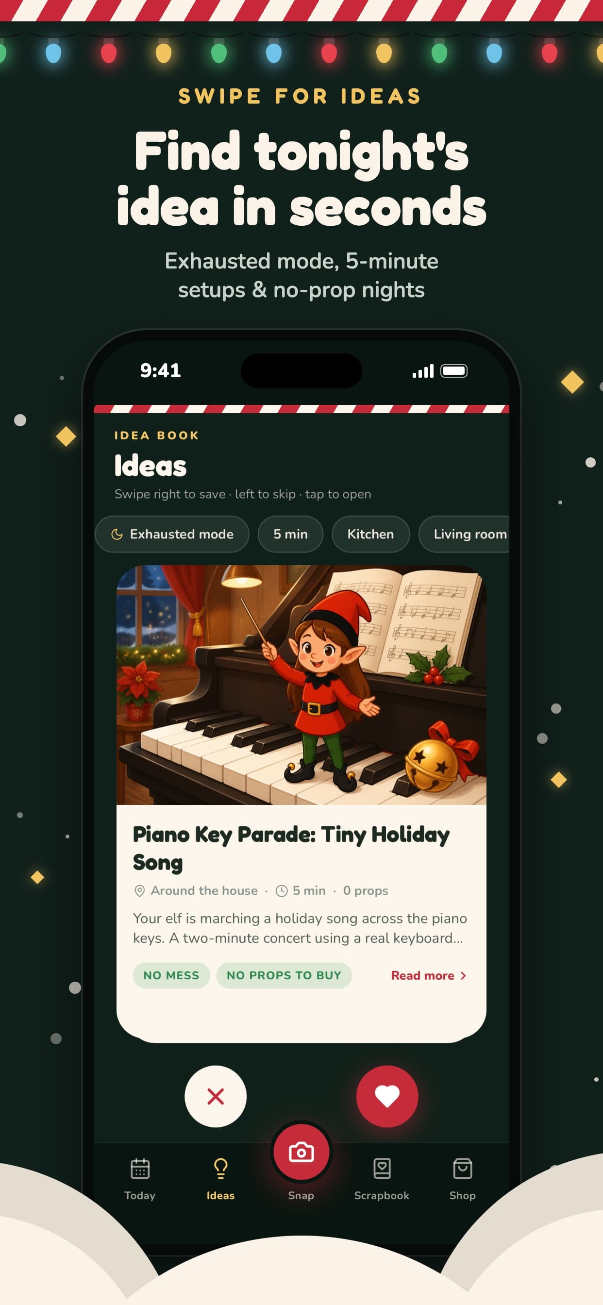 Elfie Spot Finder idea cards you swipe to save or skip, with filters for a short setup and no props.