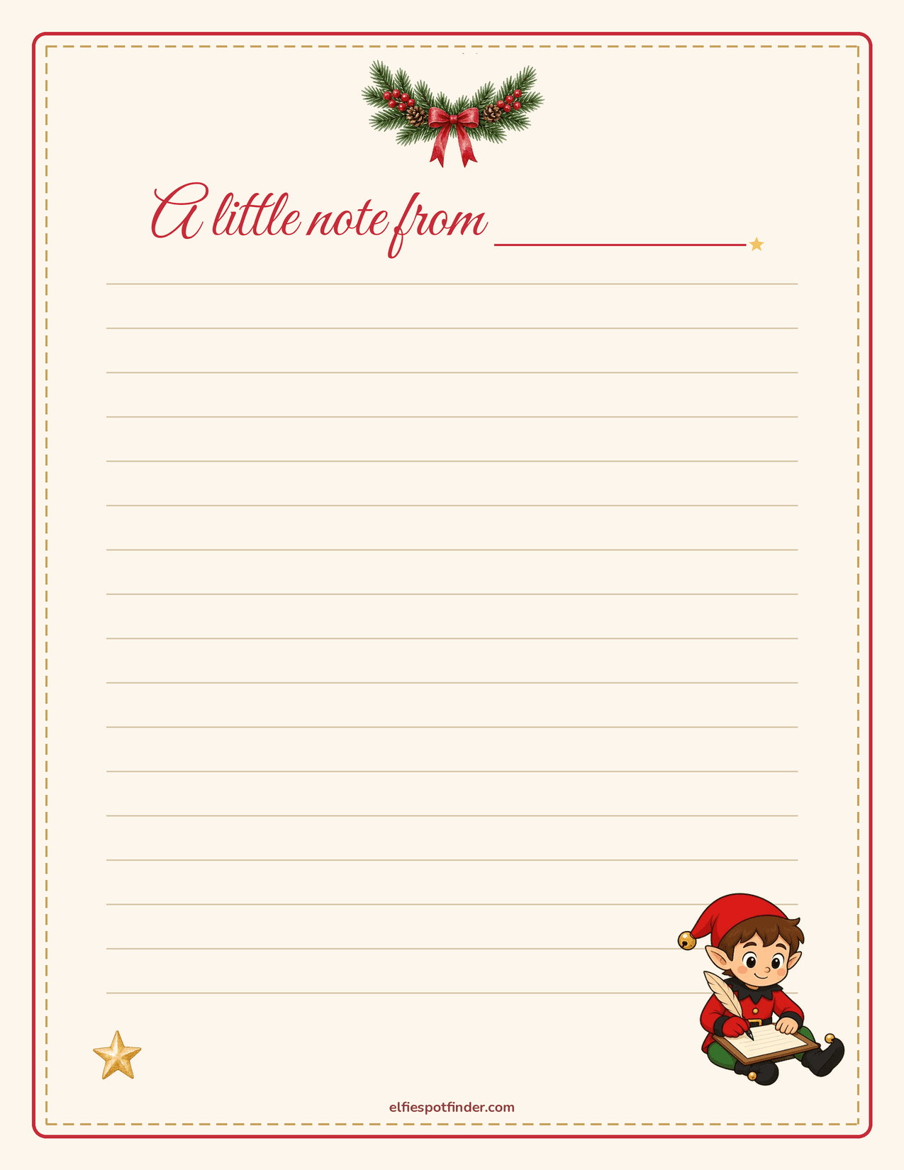 Printable Elf letterhead, garland with a boy elf and blank lines for a name.