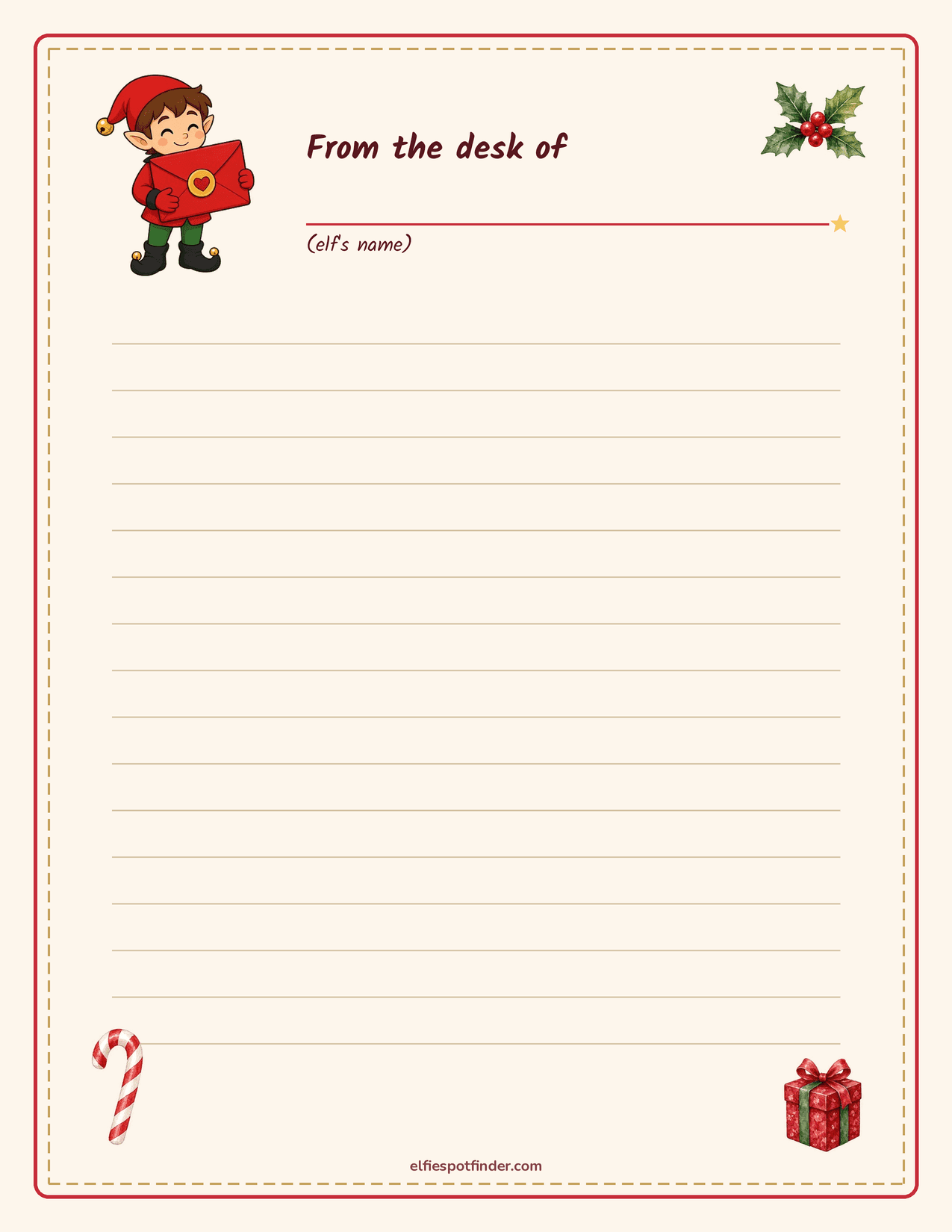 Printable From the desk of your elf with a boy elf and blank lines for a name.