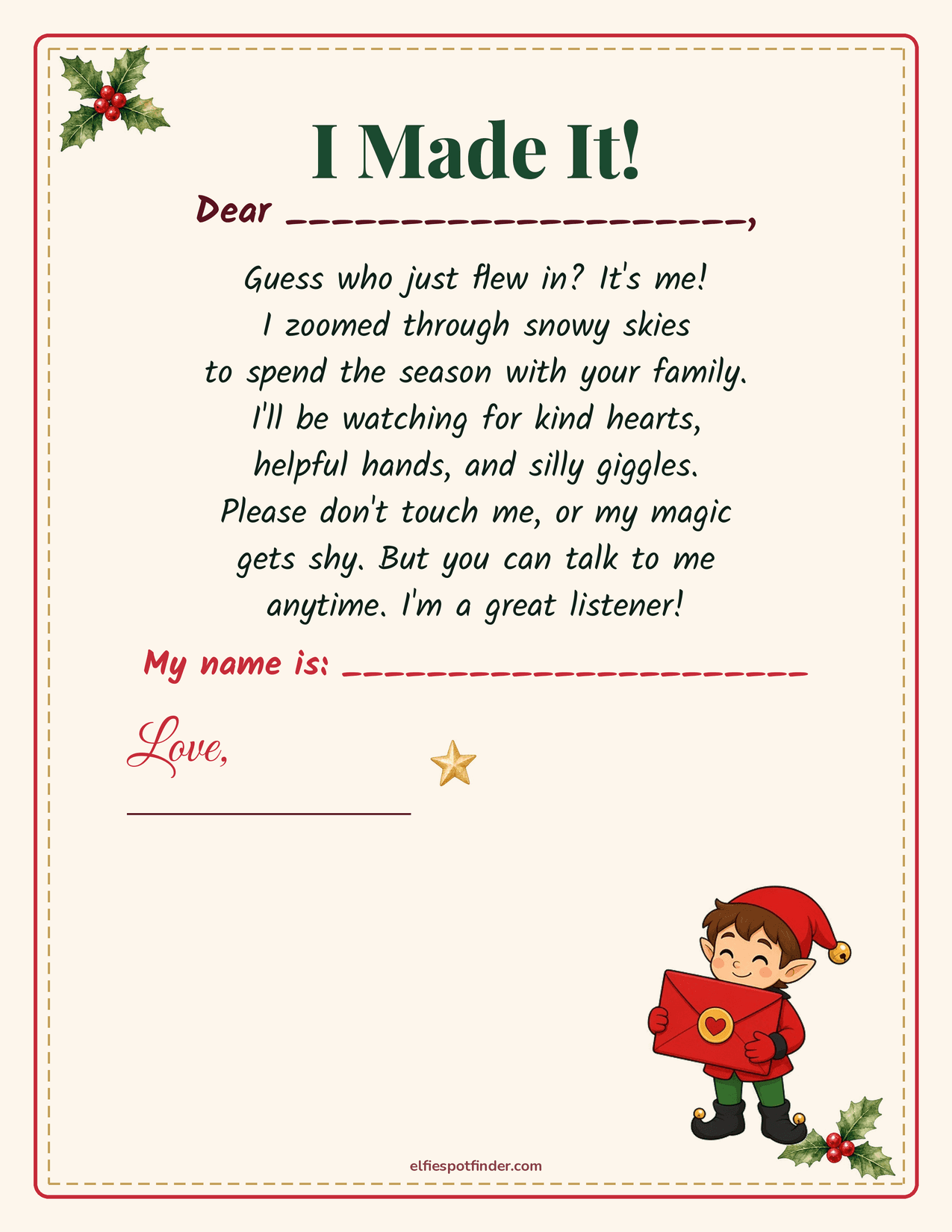 Printable Elf arrival letter with a boy elf and blank lines for a name.