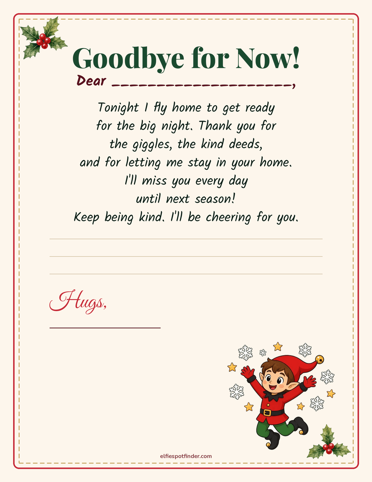 Printable Elf goodbye letter with a boy elf and blank lines for a name.