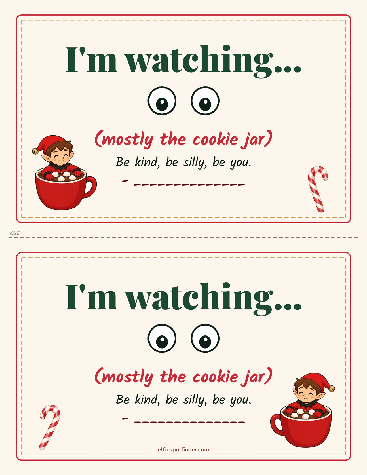 Printable I'm watching note with a boy elf and blank lines for a name.