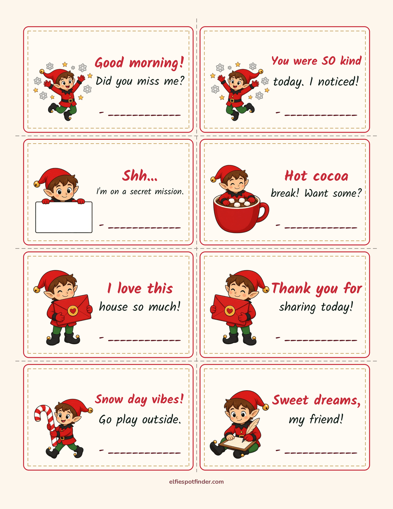 Printable Mini elf notes with a boy elf and blank lines for a name.