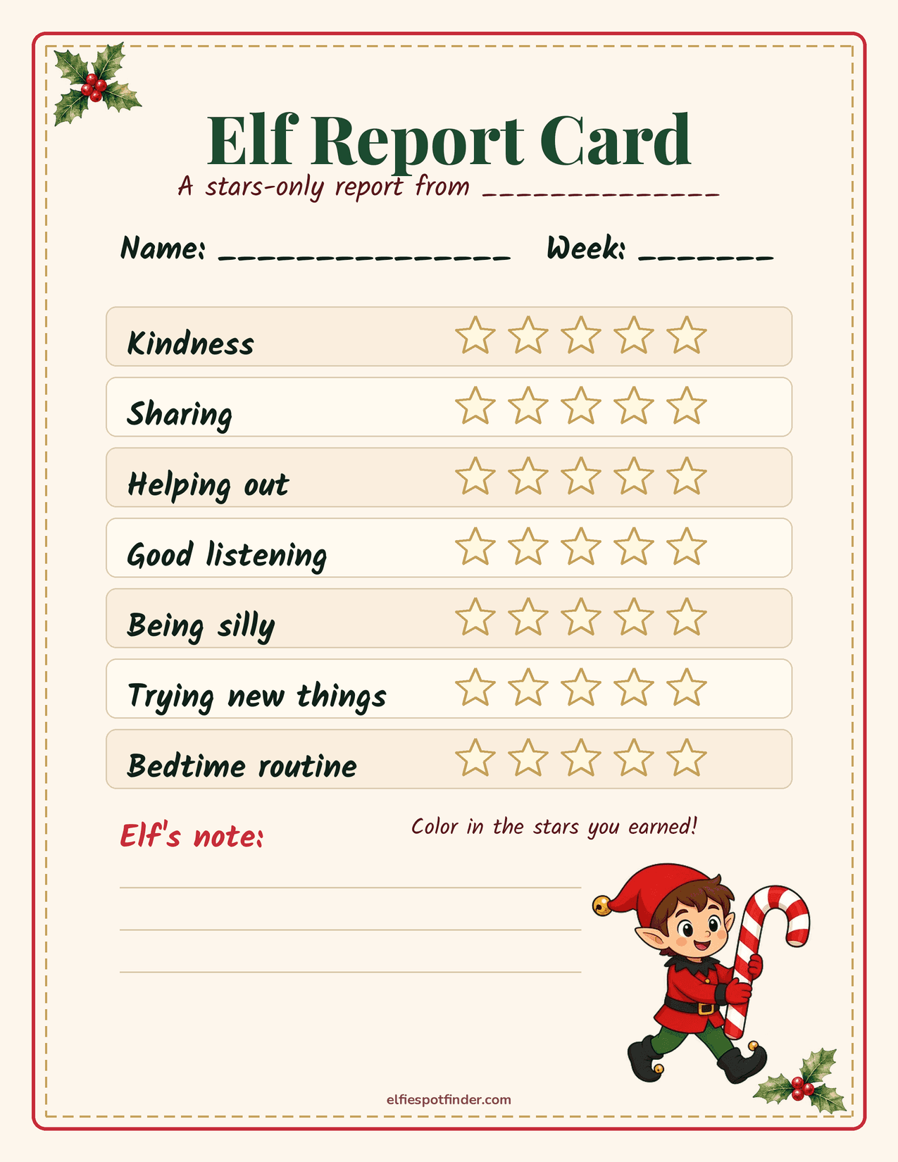 Printable Elf report card with a boy elf and blank lines for a name.