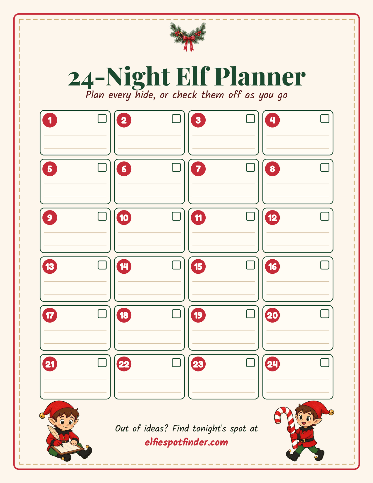 Printable 24-night elf planner with a boy elf and blank lines for a name.