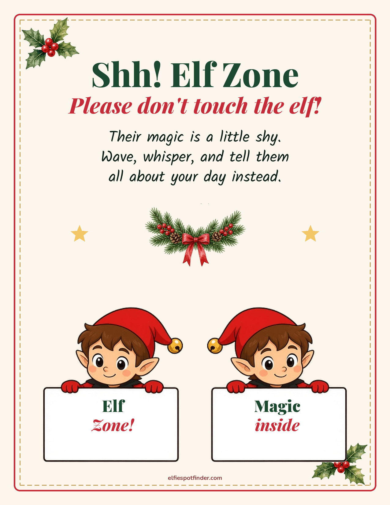 Printable Shh! Elf zone door sign with a boy elf and blank lines for a name.