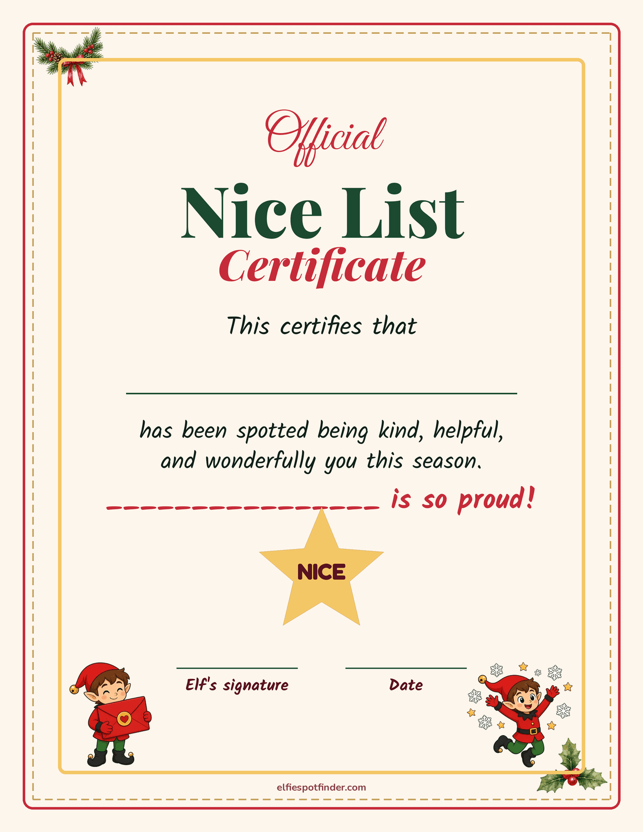 Printable Nice List certificate with a boy elf and blank lines for a name.